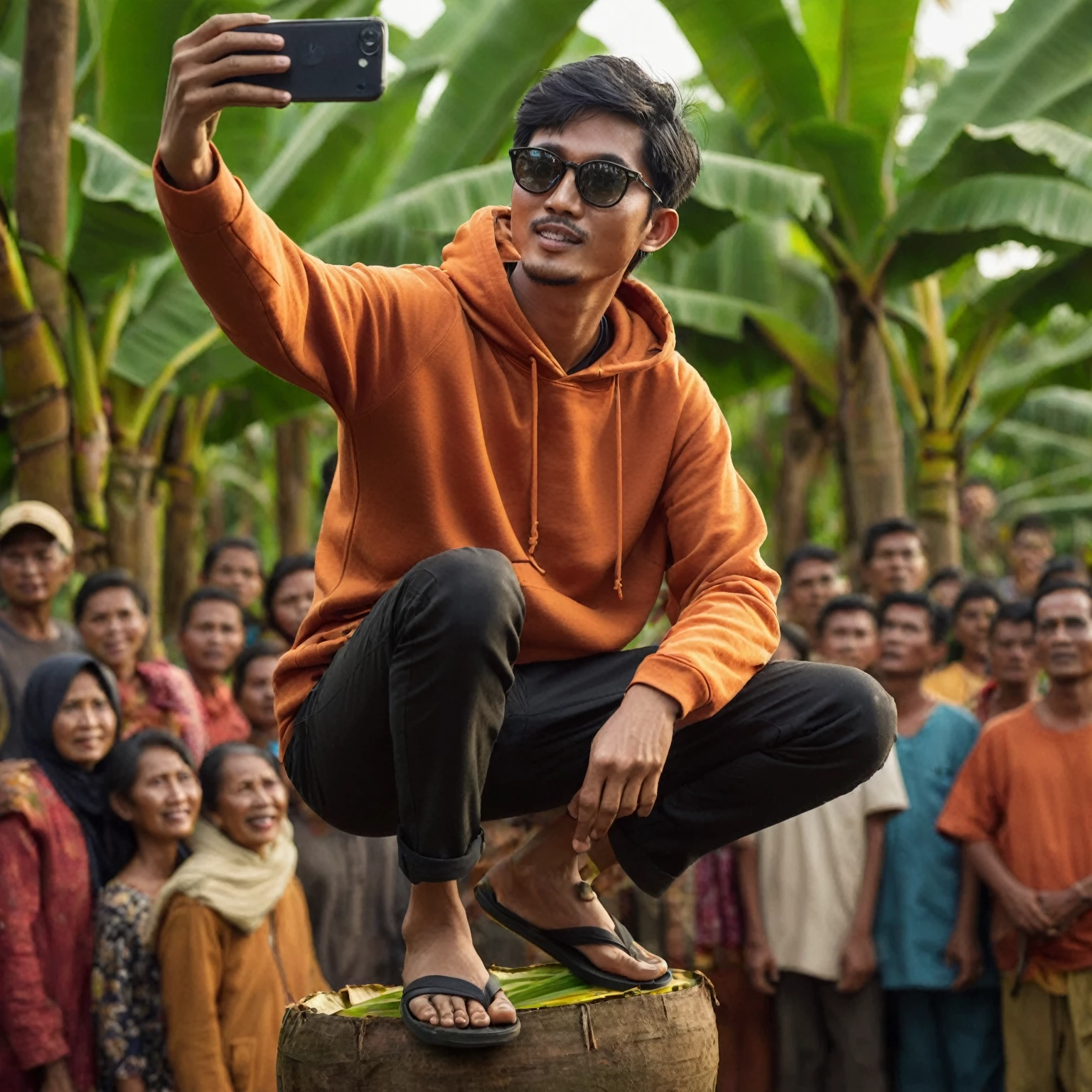 realistic photo, a man with a native Indonesian face, 25 years old, oval face, short side parted hair style, very thin body, sun glasses, wearing an orange hoodie, wearing black trousers, wearing black flip flops,It looks like he is taking a selfie on a banana leaf tree , the atmosphere in the village, many people looked at him