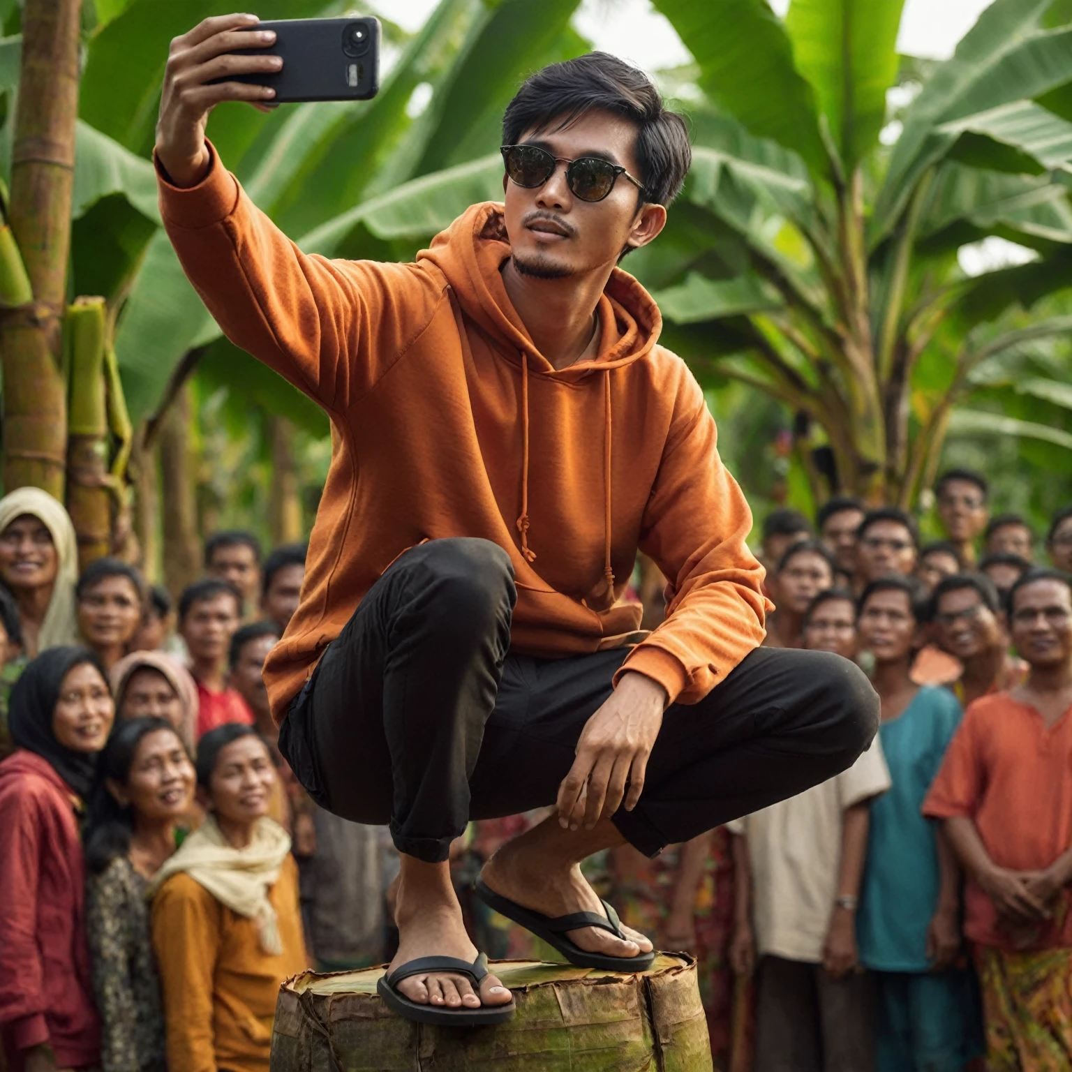 realistic photo, a man with a native Indonesian face, 25 years old, oval face, short side parted hair style, very thin body, sun glasses, wearing an orange hoodie, wearing black trousers, wearing black flip flops,It looks like he is taking a selfie on a banana leaf tree , the atmosphere in the village, many people looked at him