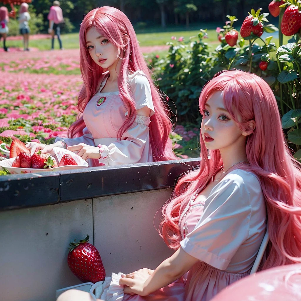 araffe girl with pink hair sitting in a field of strawberries, belle delphine, red wig, anime girl cosplay, anime barbie doll, anime girl in real life, fairycore, beautiful anime style, curly pink hair, long flowing pink hair, pink and red color style, kawaii hair style, anime cosplay, beautiful pink little alien girl, with curly red hair