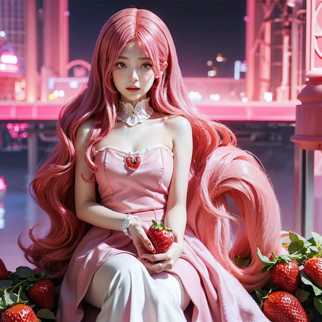 
araffe girl with pink hair sitting in a field of strawberries, belle delphine, red wig, anime girl cosplay, anime barbie doll, anime girl in real life, fairycore, beautiful anime style, curly pink hair, long flowing pink hair, pink and red color style, kawaii hair style, anime cosplay, beautiful pink little alien girl, with curly red hair