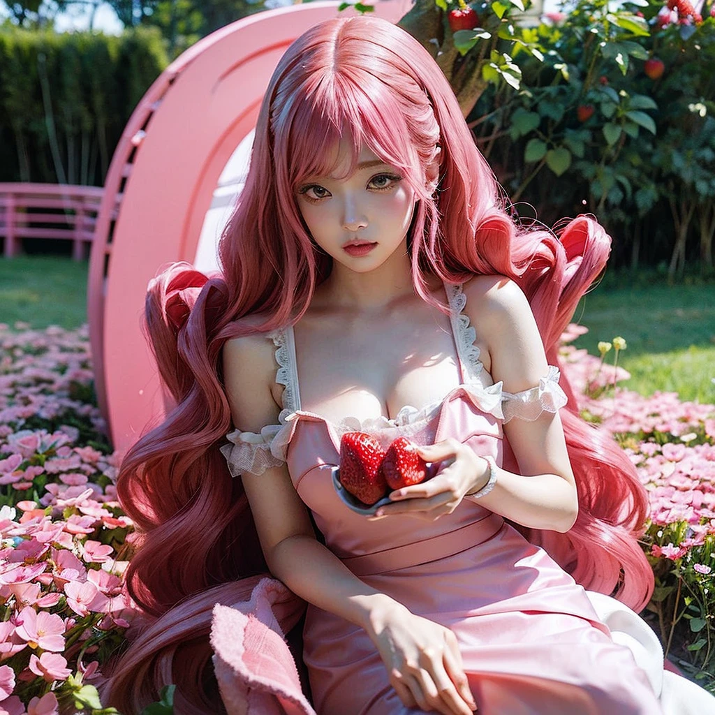 
araffe girl with pink hair sitting in a field of strawberries, belle delphine, red wig, anime girl cosplay, anime barbie doll, anime girl in real life, fairycore, beautiful anime style, curly pink hair, long flowing pink hair, pink and red color style, kawaii hair style, anime cosplay, beautiful pink little alien girl, with curly red hair