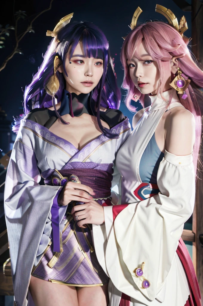 masterpiece, best quality,Multiple women, chest, 2 women, yae miko, raiden shogun, purple eyes, pink hair, japanese clothes, purple hair, large chest, long hair, split, headdress, thighs, purple kimono, thighs, forehead, animal ears, separated sleeves, fox ears, wide sleeves, kimono, moon, weapon, give,(kbxll:0.8)