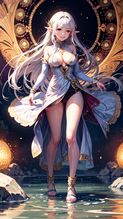 ((best quality)), ((masterpiece)), (detailed), 1girl elvish, jk, full body,wet,white skin,golden eyes, happy and smiling, Long hair loose in the wind, silver hair,medium breasts, kaleidoscope background image with soft colors, pink tones,8k,Need,masterpiece.