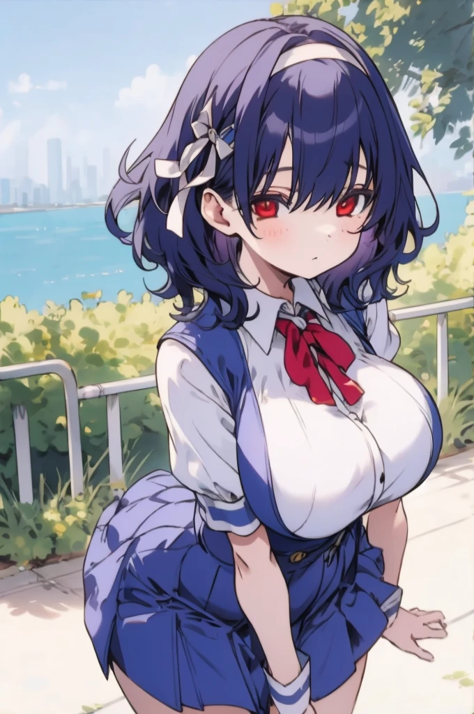 ,1girl, looking at viewer,
yamanobe tomo, purple hair, red eyes, medium hair,  , hairband,white shirts, short sleeves, blue skirt, high waist skirt,,(((huge breasts))), ,socks,standing,,outdoor,expressionless,,close up