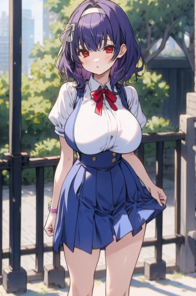 ,1girl, looking at viewer,
yamanobe tomo, purple hair, red eyes, medium hair,  , hairband,white shirts, short sleeves, blue skirt, high waist skirt,,(((huge breasts))), ,socks,standing,,outdoor,expressionless,,close up