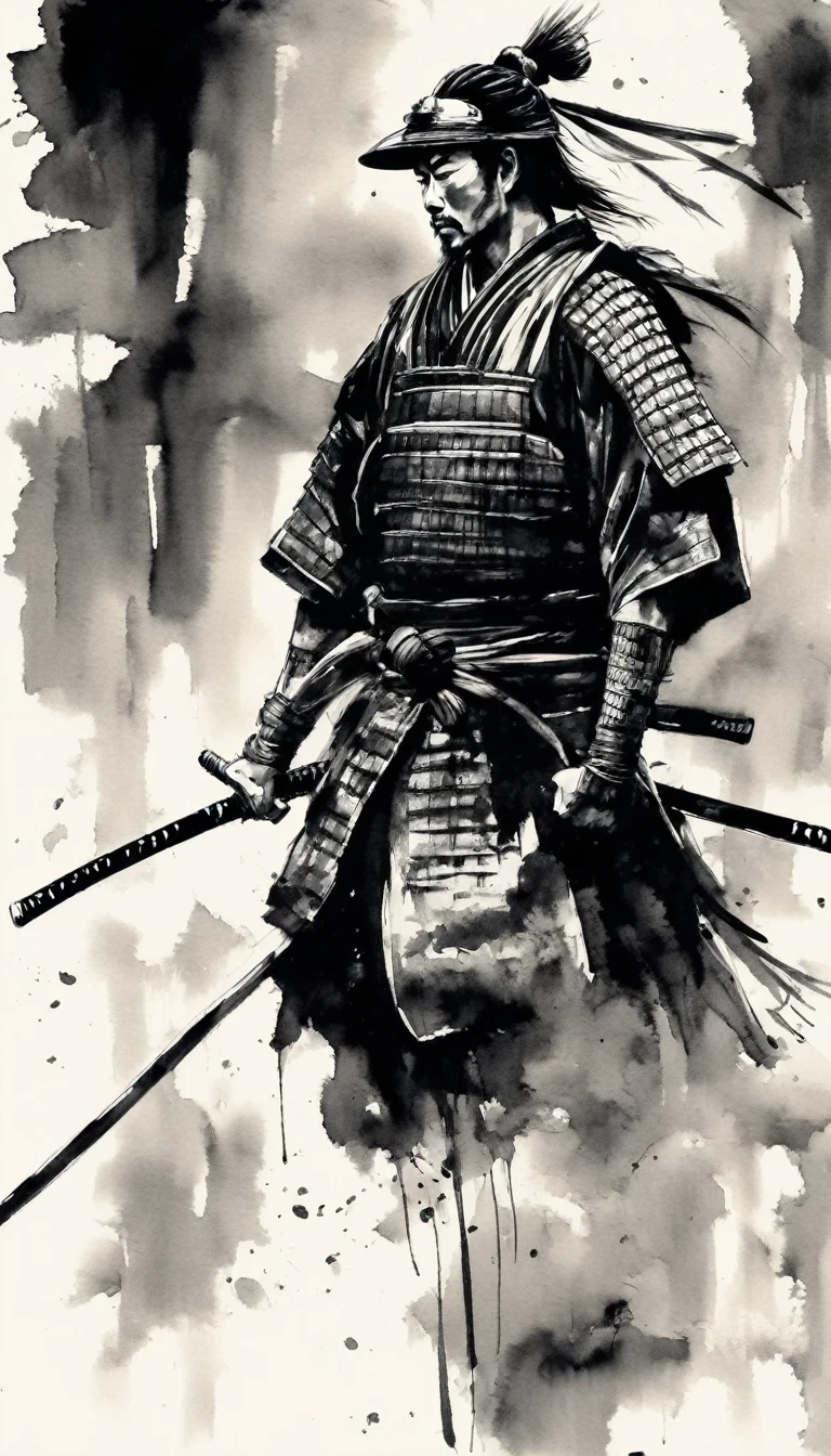 Samurai and Kosode,black,draw in black on a white background,Ink Painting,Drawing with ink,Shades of black unique to sumi-e,Shading techniques unique to sumi-e,He has someone important to protect.,I'I'm about to enter into a fight for my life..,express strong determination and will,Straight and beautiful sword:Traditional Crafts:masterpiece:made in Japan,Metallic luster,masterpiece,nice,wonderful,Movie Posters,Professional work,最高masterpiece,High resolution,a handsome guy,History and traditions,白blackの絵画,Ink Painting,splash,No beard, No beard Samurai Man, high quality, Master Parts, Second Dimension, Beautiful Eyes, Highly detailed background, 8K Wallpaper, Highly detailed face, Strong muscles, Hopeful Eyes, Bright Eyes, blackい目, Mature and stable, Sophisticated, White short sleeves, Pavilion Background,Not 0mib style, bleach style, hyper-realistic ,cool, Popular man, Handsome, Sasaki Kojiro ,style of a black-and-white painting , tall samurai, long flowing black hair, tied back in a traditional style, traditional Japanese clothing, such as a kimono with intricate patterns and a hakama, Long Japanese sword, katana ,ready stance, The background typical bamboo, strong sense of movement and energy,