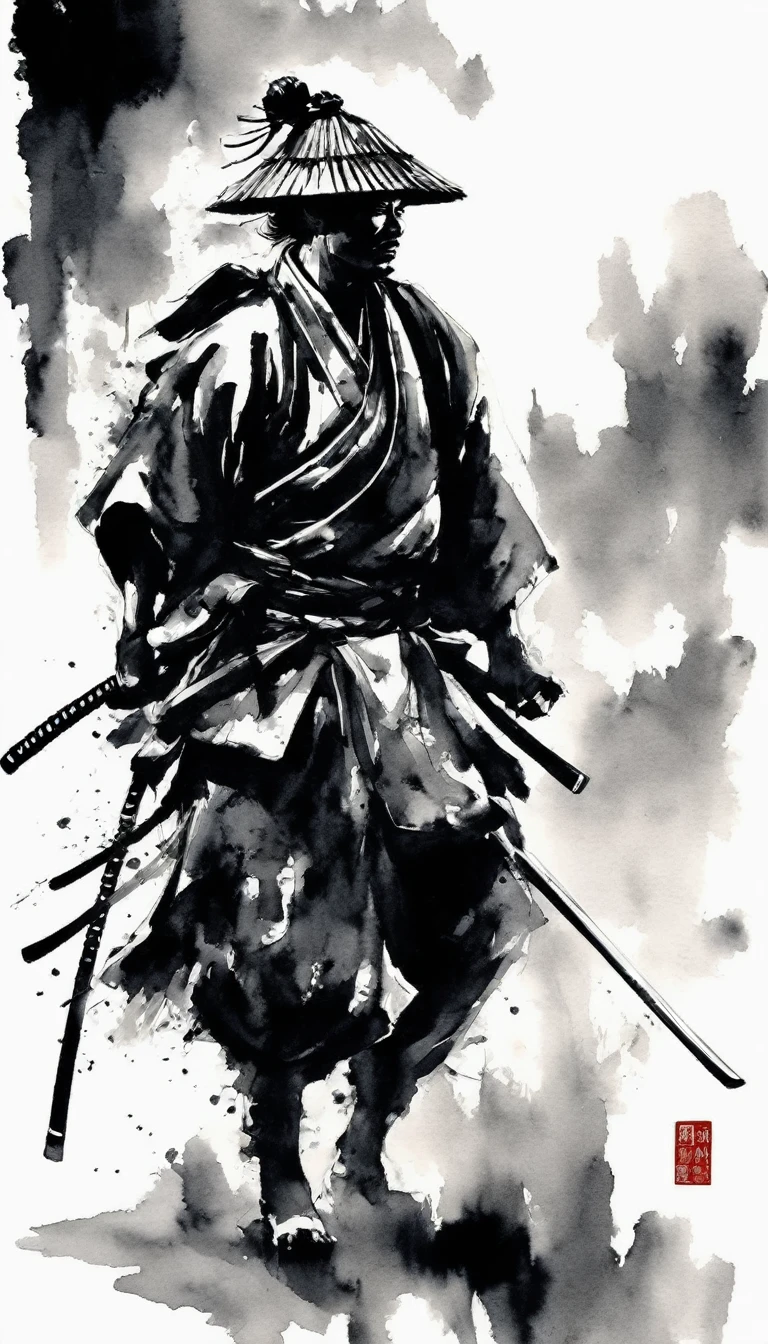 Samurai and Kosode,black,draw in black on a white background,Ink Painting,Drawing with ink,Shades of black unique to sumi-e,Shading techniques unique to sumi-e,He has someone important to protect.,I'I'm about to enter into a fight for my life..,express strong determination and will,Straight and beautiful sword:Traditional Crafts:masterpiece:made in Japan,Metallic luster,masterpiece,nice,wonderful,Movie Posters,Professional work,最高masterpiece,High resolution,a handsome guy,History and traditions,白blackの絵画,Ink Painting,splash,No beard, No beard Samurai Man, high quality, Master Parts, Second Dimension, Beautiful Eyes, Highly detailed background, 8K Wallpaper, Highly detailed face, Strong muscles, Hopeful Eyes, Bright Eyes, blackい目, Mature and stable, Sophisticated, White short sleeves, Pavilion Background,Not 0mib style, bleach style, hyper-realistic ,cool, Popular man, Handsome, Sasaki Kojiro ,style of a black-and-white painting , tall samurai, long flowing black hair, tied back in a traditional style, traditional Japanese clothing, such as a kimono with intricate patterns and a hakama, Long Japanese sword, katana ,ready stance, The background typical bamboo, strong sense of movement and energy,
