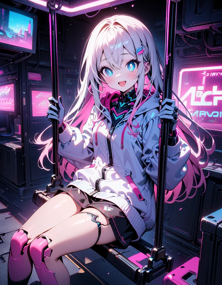 (8K, best quality, master piece: 1.2),super high resolution,(1 robogirl),solo,yo,ultra-detailed face,detailed eyes,bright pupils,gradient hair(white hair, light pink hair) ,Straight hair,long hair,smile,open mouth,sitting on a swing blowing,ダッチアングル,neon lights,High-Tech Parks