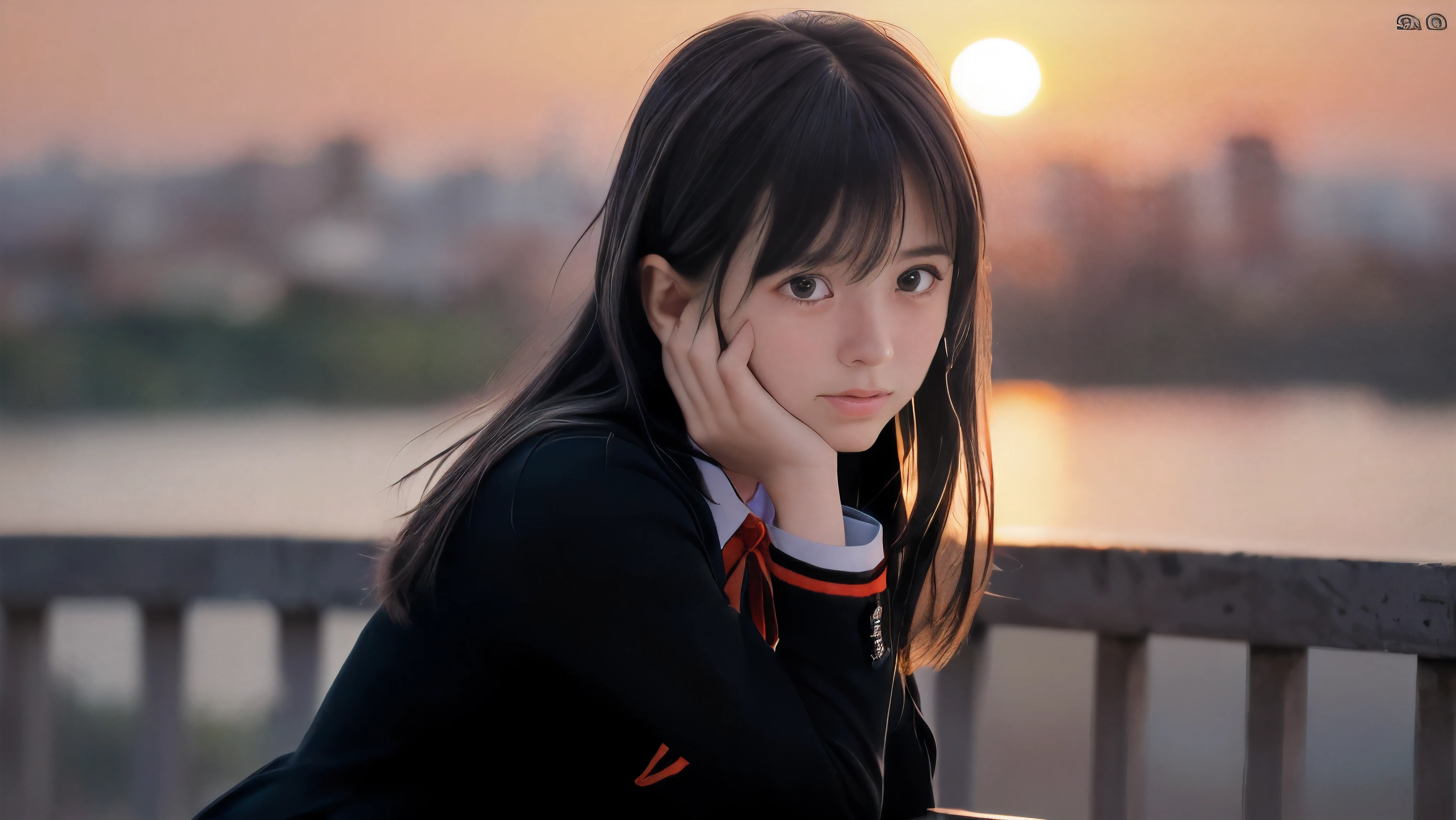 (Close up face shot of one slender small breasts two side up black medium hair bangs girl with crying face in long sleeves black school uniform:1.5)、(One girl is turn around at sunset red sky with her face is reflected sunset light and her hair is blowing in long sleeves black school uniform:1.5)、(Beautiful red sunset sky at skyscraper city landscape:1.5)、(8k ultra detailed master piece:1.5)、(Natural lighting:1.5)、(perfect anatomy:1.5)、(Photorealistic stick:1.5)、(Raw photo:1.3)、(highest quality:1.5)、(High resolution:1.3)、(Delicate and beautiful perfect face:1.3)、(Delicate and beautiful eye air skin:1.3)、(Real Human Skin:1.3)、((thin legs))