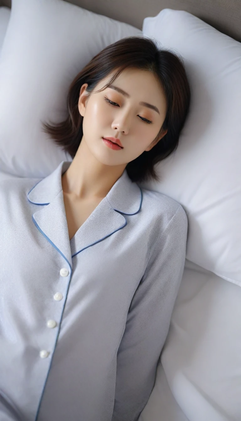 realistic figure, photogenic, short length light brown hair, beautiful white-colored translucent skin, a little sunburned, slendar figure, , no-makeup, sleeping at night, sleeping bad position, tosses ands turns in sleep, closed eyes, mouth is slightly open, small nose, smooth shaped jawline, face and jaw pointing upwards, glossy face, flushed cheeks, alittle sweating, wearing white pajamas, open at the chest widely, lying on own back on the bed and cuddling, room without light on and dark, close-up shoot, angle looking down from above