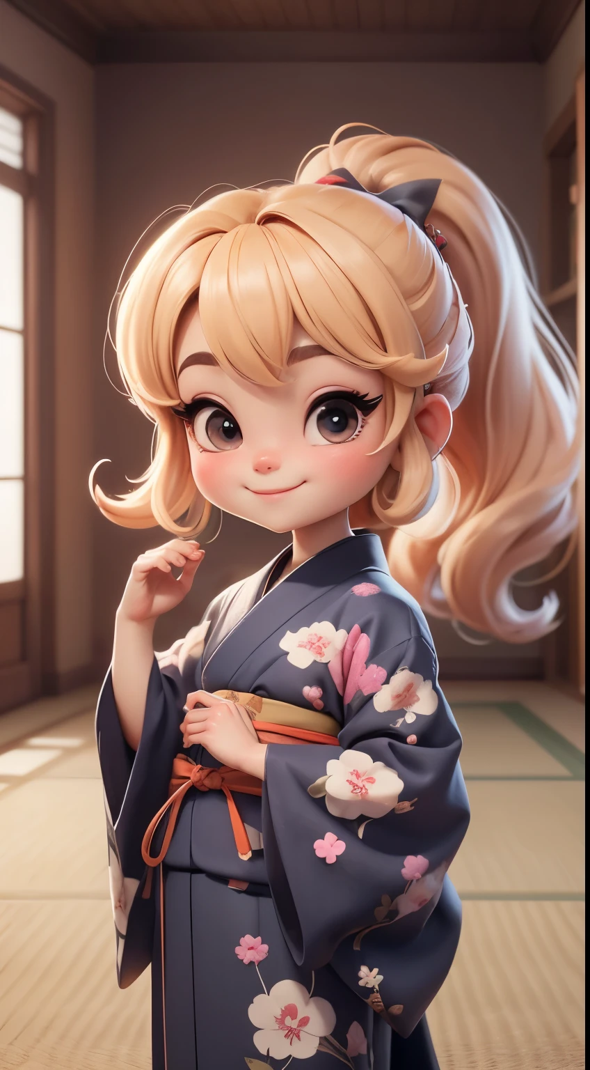 Create a  baby chibi version of the Alice character in an 8K resolution. A girl with a ponytail is wearing a kimono with a crane pattern, practicing kendo in a dojo, and wearing a headband as a hair accessory, It's sunny, Detailed eyes, clear outlines, kawaii pose, A smile, Raise your right hand, Eye Up, Laugh, radiant light, Taken from the side. She should look adorable and cute. Give him a smiling expression and a sweet smile on his face, capturing the essence of the character in a delicate and charming way.