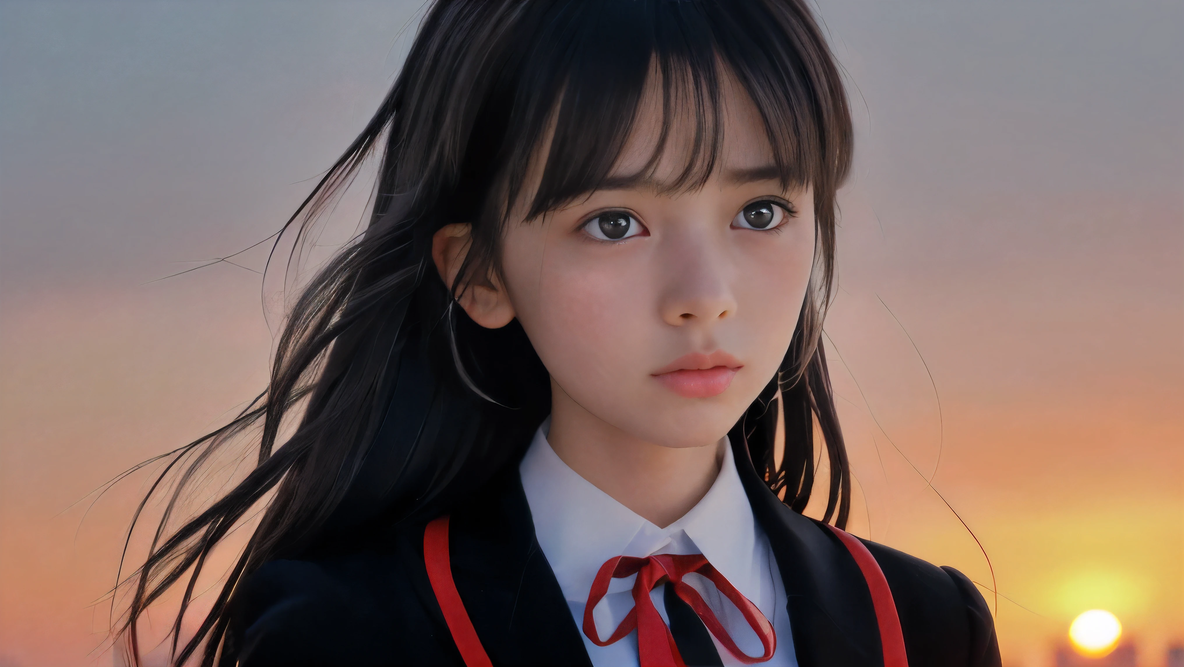 (Close up face shot of one slender small breasts two side up black medium hair bangs girl with crying face in long sleeves black school uniform:1.5)、(One girl is turn around at sunset red sky with her face is reflected sunset light and her hair is blowing in long sleeves black school uniform:1.5)、(Beautiful red sunset sky at skyscraper city landscape:1.5)、(8k ultra detailed master piece:1.5)、(Natural lighting:1.5)、(perfect anatomy:1.5)、(Photorealistic stick:1.5)、(Raw photo:1.3)、(highest quality:1.5)、(High resolution:1.3)、(Delicate and beautiful perfect face:1.3)、(Delicate and beautiful eye air skin:1.3)、(Real Human Skin:1.3)、((thin legs))