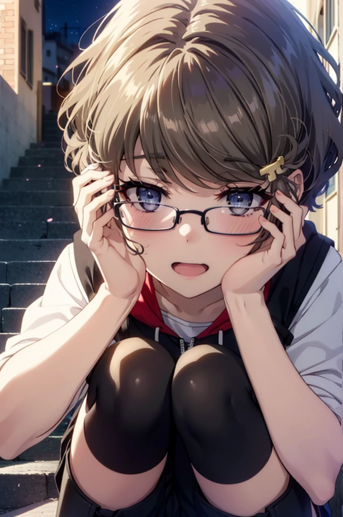 tomoekoga, Chie Koga, short hair, Brown Hair, blue eyes, Hair clip happy smile, smile, Open your mouth,Sleeveless hoodie,Black-rimmed glasses shorts,black tights,short boots,night,Hiding in a roofed building,Sitting on the steps of a building,So that the whole body goes into the illustration,
Break indoors, Alley,
壊す looking at viewer, Systemic
break (masterpiece:1.2), Highest quality, High resolution, unity 8k wallpaper, (figure:0.8), (Beautiful attention to detail:1.6), Highly detailed face, Perfect lighting, Highly detailed CG, (Perfect hands, Perfect Anatomy),