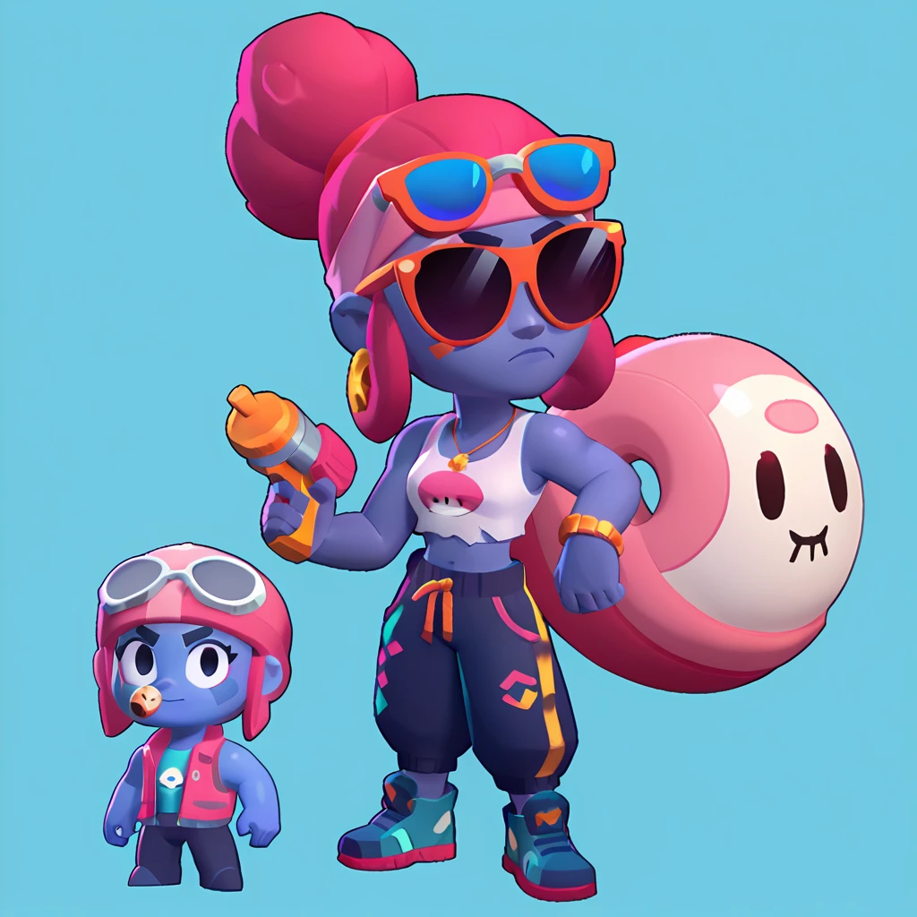 full body view of a T-REX, dark blue skin, female, sunglasses, with a pink and white buoy, dinosaure T-Rex, brawl, brawl stars