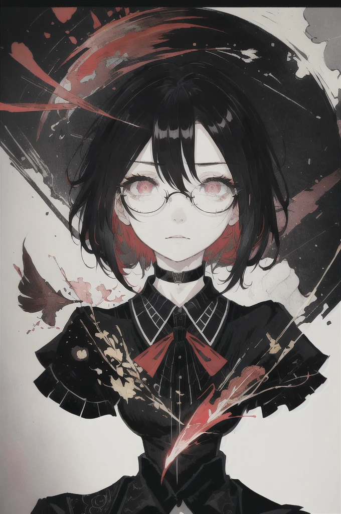 ((Highest quality)), (((masterpiece))), (High resolution), original,Glasses、Glasses、rain、rain、 Highly detailed 8k wallpaper, (Very delicate and beautiful),((Highest quality)),Limited edition palette, style style style Black choker around the neck、Black T-shirt、style gird, (style:(style:1.5)(style:1.5)1.5), Limited edition palette,[flat_stylechest, black style eyes, long style red hair, Black choker around the neck、Black choker around the neck、Black T-shirt、style eyes,浮かぶBlack T-shirt), feather over style]style, (Double exposure:1.3),(Glitch Hair+++),(Glitch meets dark hair),[Very delicate and beautiful girl who with scarf,feather],(Beautiful and detailed red eyes),world masterpiece theater,whole body,cyber punk, 