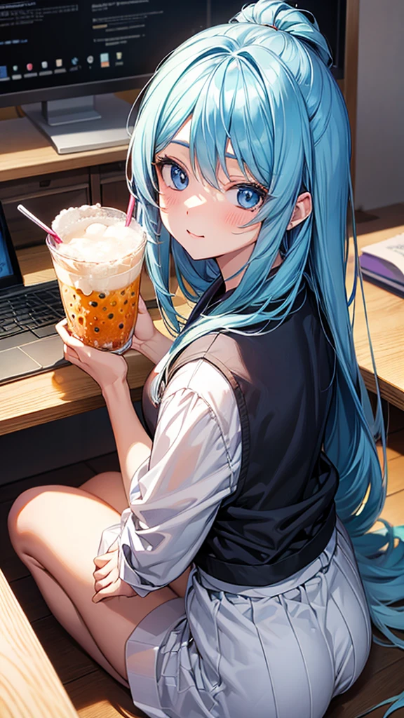  While taking online classes、College student drinking tapioca drink。Surreal woman,Real life anime girls,Beautiful girls