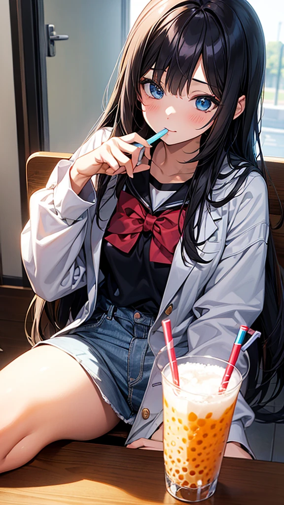 While taking online classes、College student drinking tapioca drink。Surreal woman,Real life anime girls,Beautiful girls