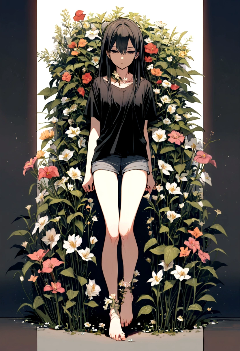 , Dark look, whole body, Flowers growing on my neck, Flowers growing from my thighs, Flowers growing from my ankles, T-Shirts