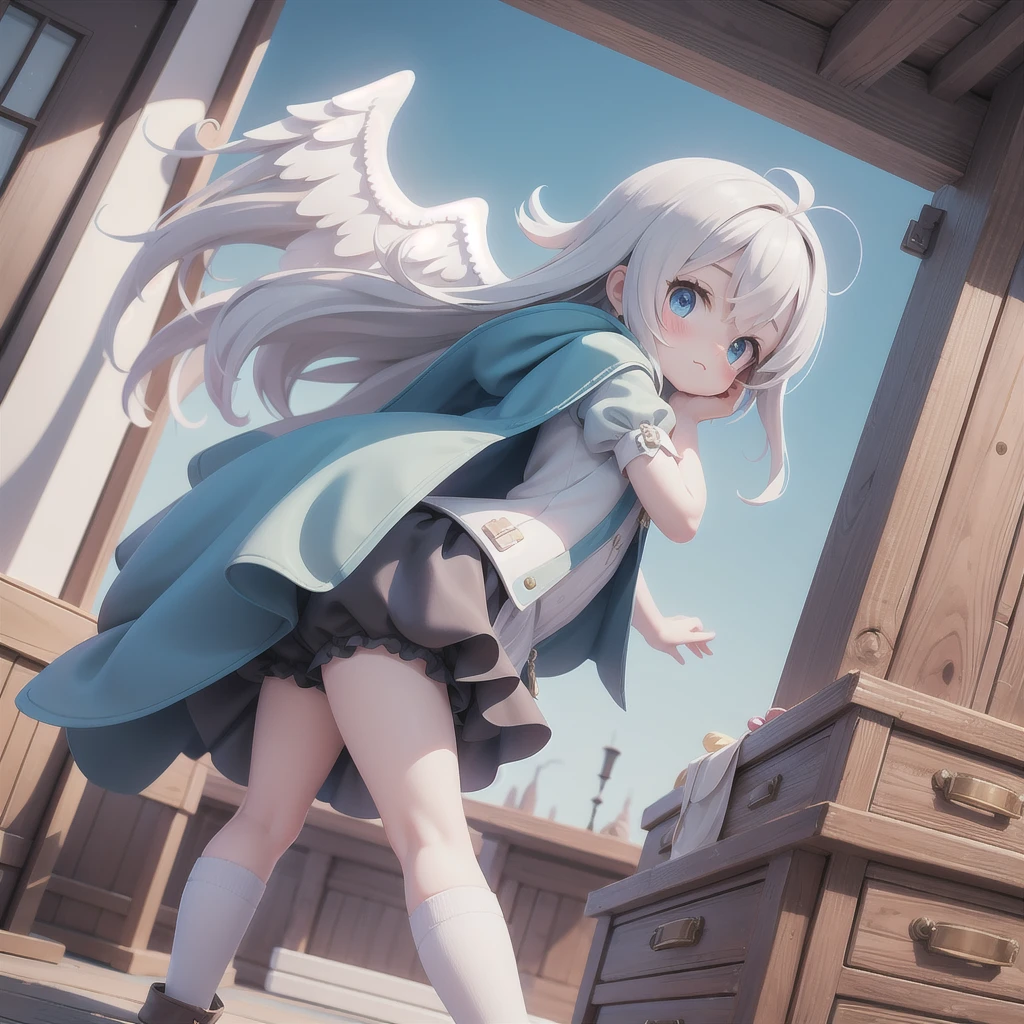 girl 、Medieval dress with panniers、Low Angle、wear bloomers、You can see the drawer、Angel's Holiday、Above the Clouds