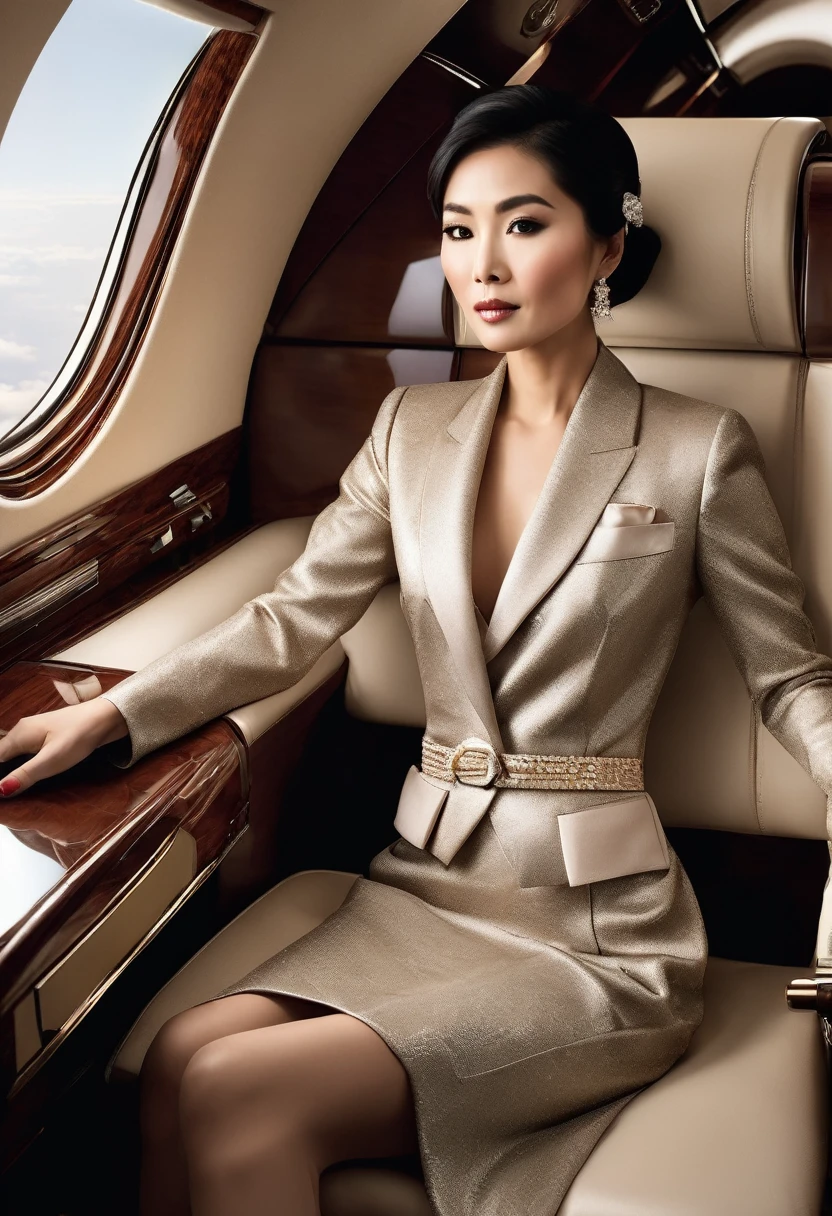 Asian woman of exquisite beauty, elegantly dressed in haute couture, takes a seat in the plush interior of a private jet. The magazine-worthy photograph captures her impeccable style and poise, with a realistic depiction of the luxurious surroundings and subtle highlights that bring the image to life. The overall aesthetic is upscale and sophisticated, showcasing the woman's sophistication and good taste.