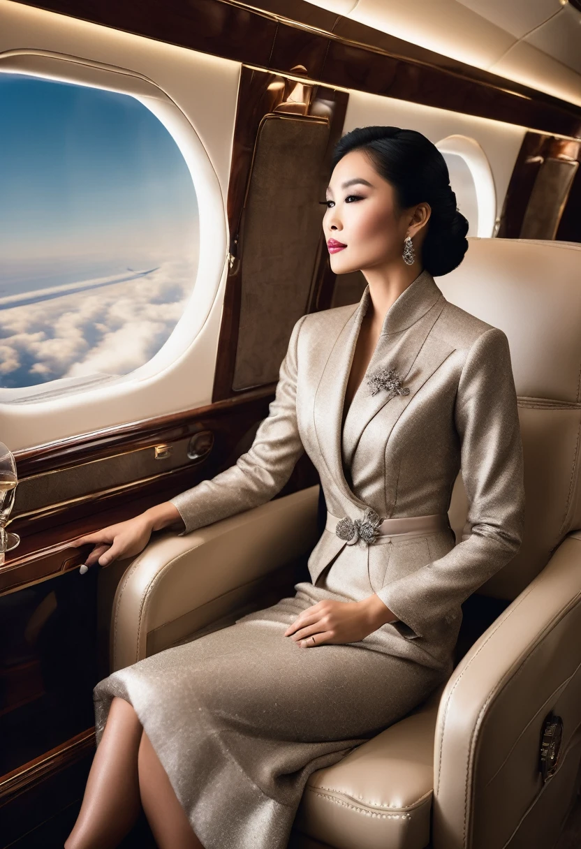 Asian woman of exquisite beauty, elegantly dressed in haute couture, takes a seat in the plush interior of a private jet. The magazine-worthy photograph captures her impeccable style and poise, with a realistic depiction of the luxurious surroundings and subtle highlights that bring the image to life. The overall aesthetic is upscale and sophisticated, showcasing the woman's sophistication and good taste.