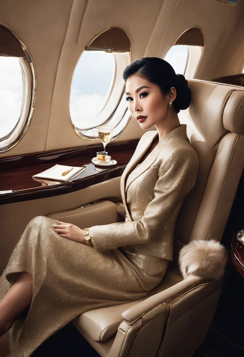 Asian woman of exquisite beauty, elegantly dressed in haute couture, takes a seat in the plush interior of a private jet. The magazine-worthy photograph captures her impeccable style and poise, with a realistic depiction of the luxurious surroundings and subtle highlights that bring the image to life. The overall aesthetic is upscale and sophisticated, showcasing the woman's sophistication and good taste.