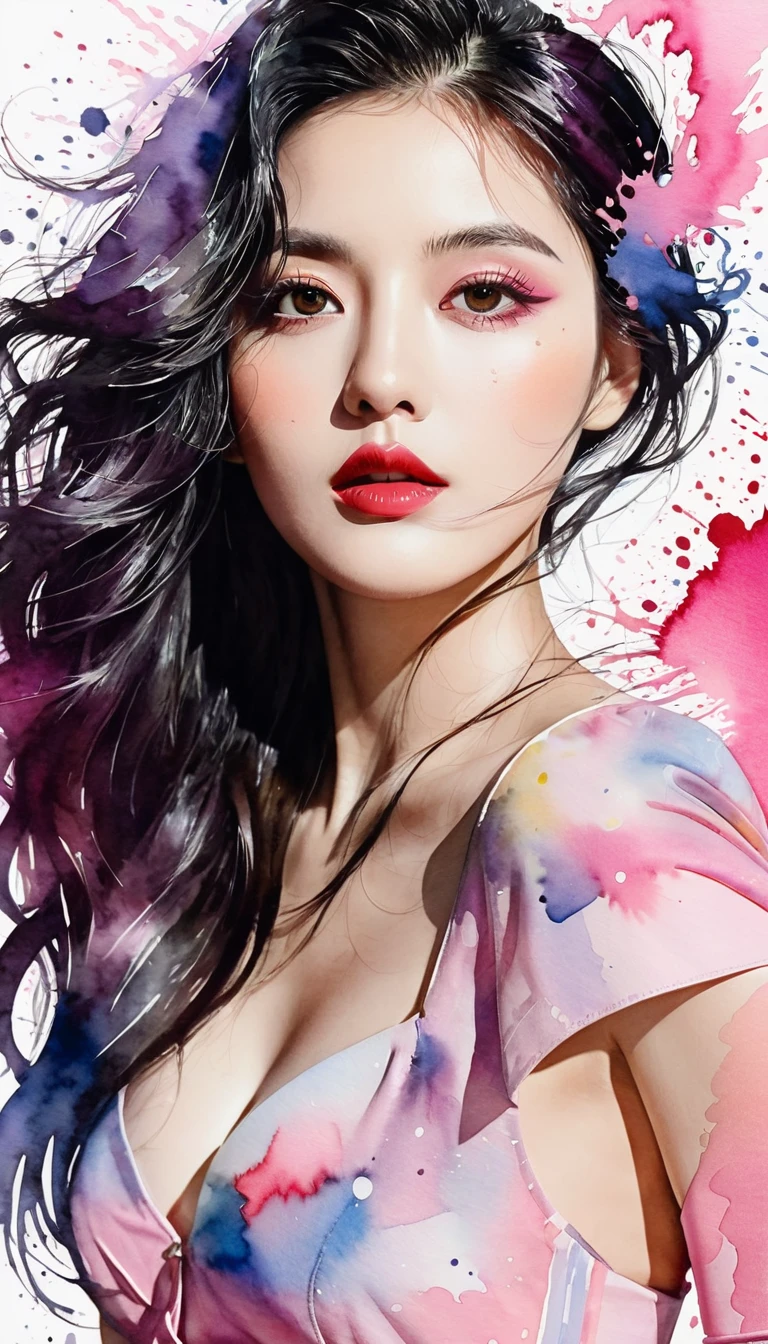 Beautiful woman portrait, Sylvia Pelissero watercolors, Beautiful Eyes、 Abstract art, Intense watercolor, Watercolor detailed art, Watercolor splash, Surreal, Avant-garde pop art, Beautiful and expressive paintings, Beautiful artwork illustration, Pink tones, wonderful, Cool Beauty, Highest quality,Official Art, women only, Sharp contours, Best Shot, Vector art, Lips in Love、 (((The most beautiful women in history))), (((Japanese)))、clear, (((Highest quality))), Lips in Love, High resolution, ((Detailed explanation)), Detailed garment texture, (((Graffiti art))), ((masterpiece))、((Very detailed))