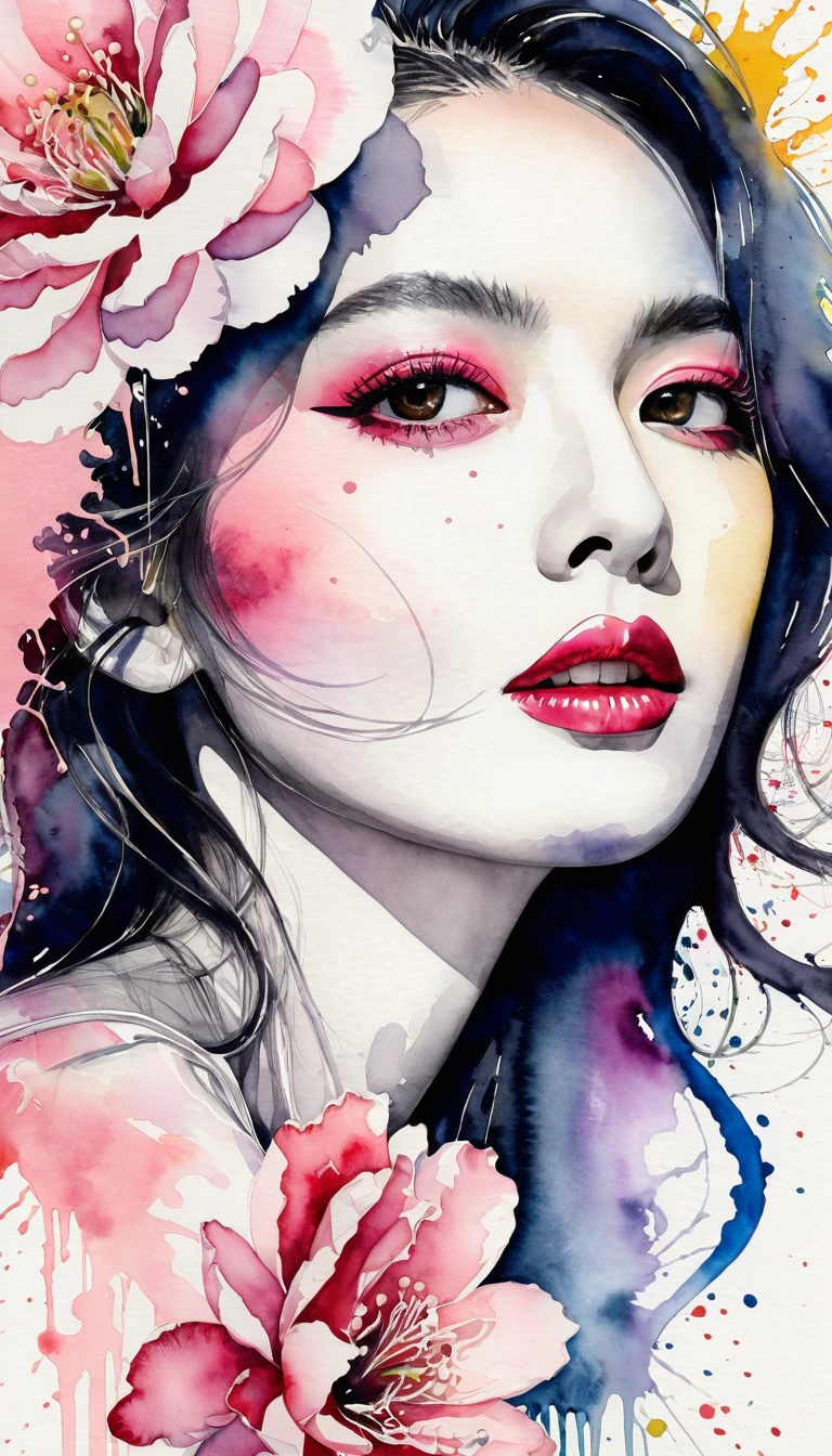 Beautiful woman portrait, Sylvia Pelissero watercolors, Beautiful Eyes、 Abstract art, Intense watercolor, Watercolor detailed art, Watercolor splash, Surreal, Avant-garde pop art, Beautiful and expressive paintings, Beautiful artwork illustration, Pink tones, wonderful, Cool Beauty, Highest quality,Official Art, women only, Sharp contours, Best Shot, Vector art, Lips in Love、 (((The most beautiful women in history))), (((Japanese)))、clear, (((Highest quality))), Lips in Love, High resolution, ((Detailed explanation)), Detailed garment texture, (((Graffiti art))), ((masterpiece))、((Very detailed))
