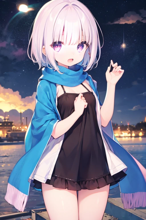 Very beautiful and shining eyes、shining eyes、((1 girl))、small breasts、big mouth、high school girl、small breasts、Short hair with a sense of transparency、scarf、hot pants、transparent clothes、childish clothes、7 year old girl