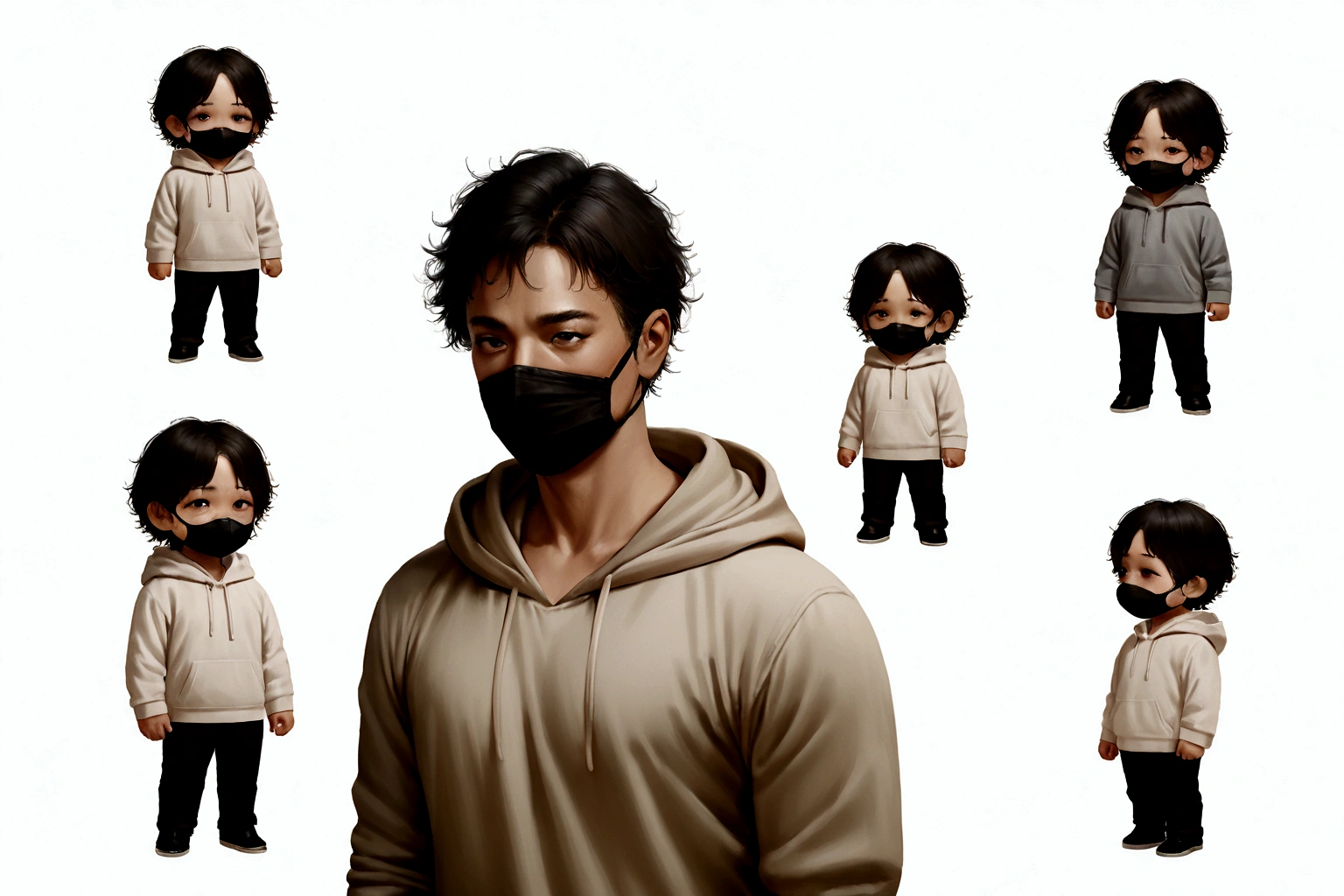 masterpiece,chibi,1man, tareme, black hair, mouth mask, full body, white background, simple background, very short hair, messy hair, hoodie, realistic,