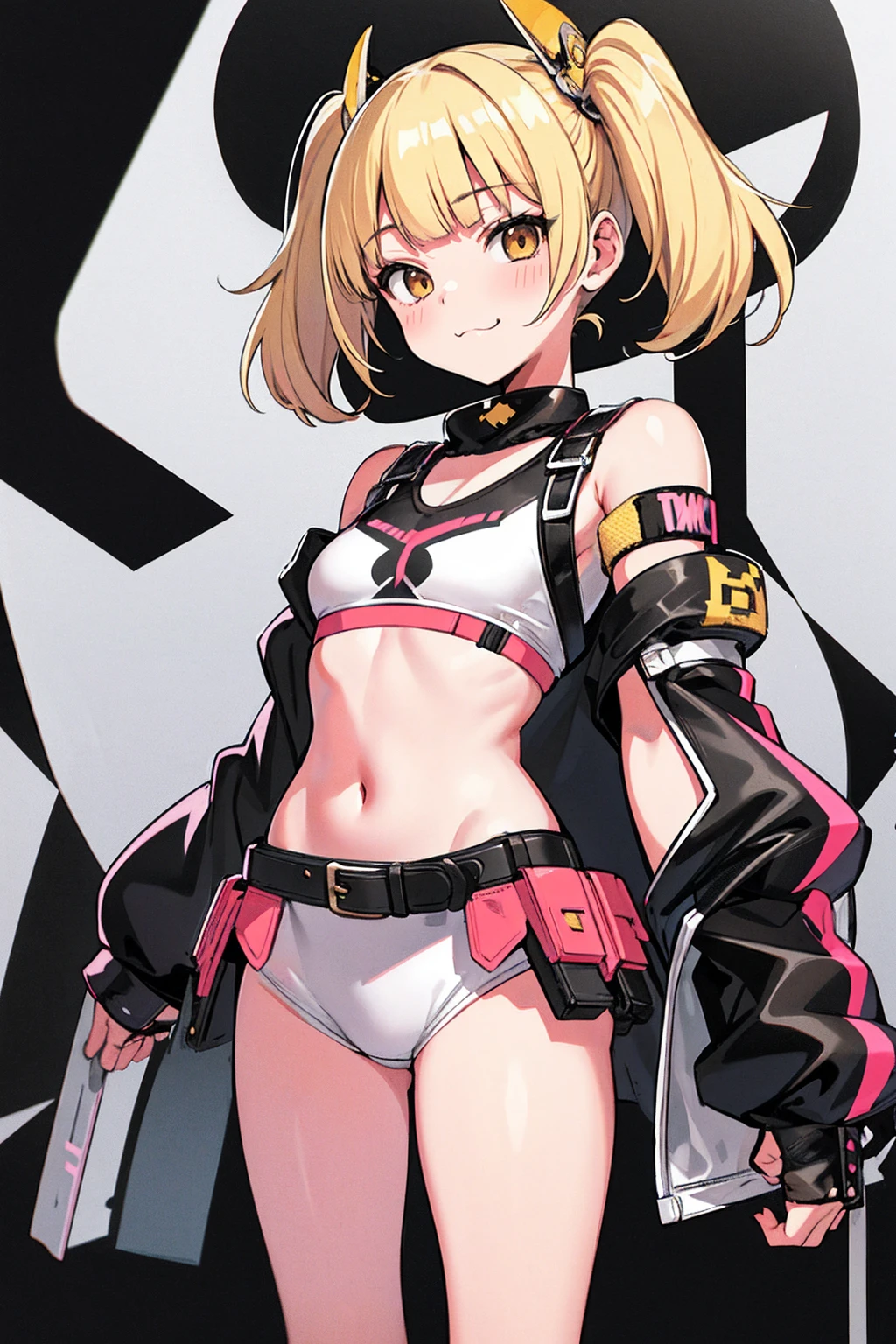 whole body,Standing posture, (Blonde,Trimmed bangs,Hime cut,Twin tails,) (Small breasts,Teenage Girl,), (Cute face:1.2) (Punk Fashion,Low rise,) smug face,(White background) 