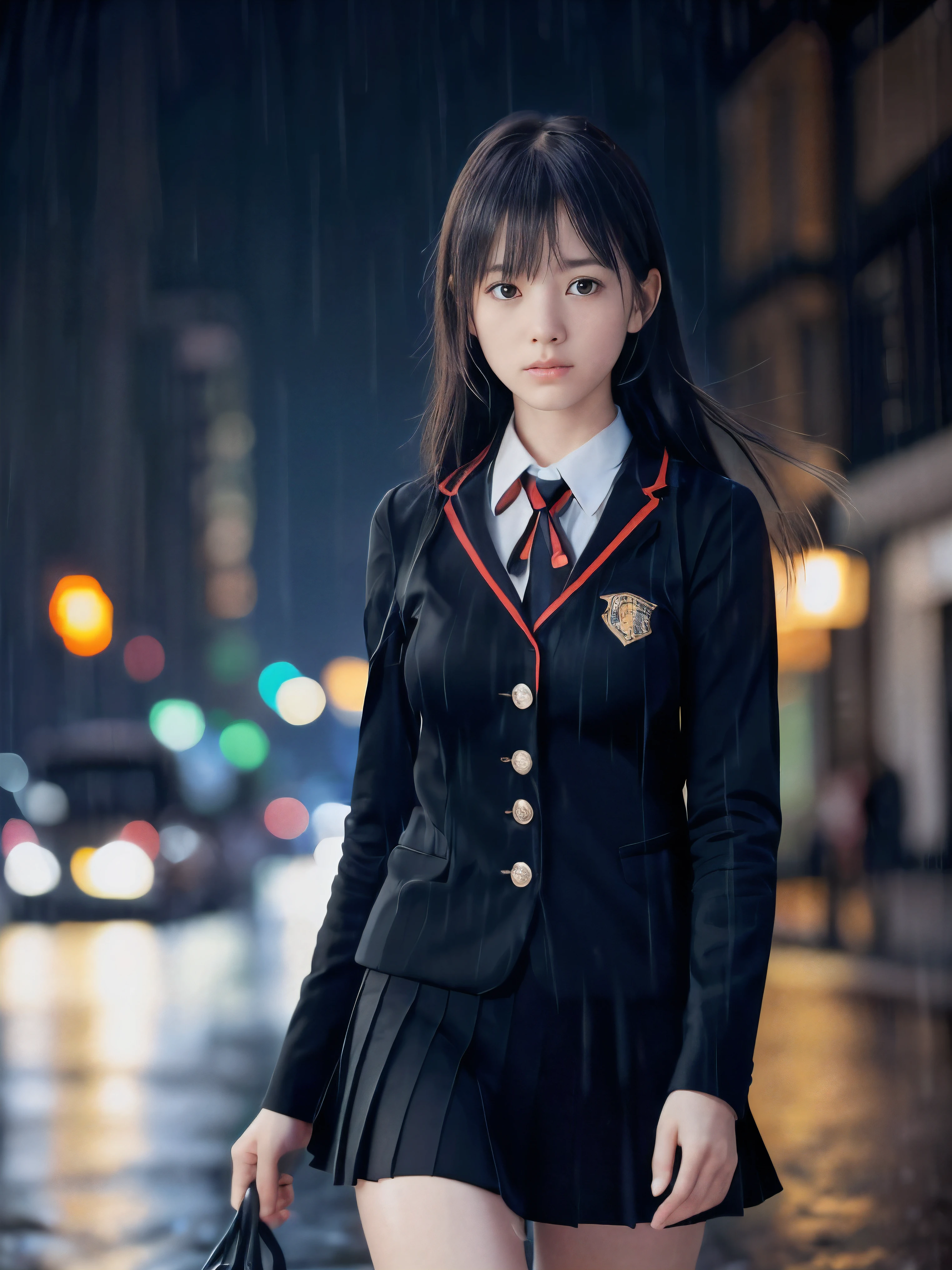 (Super close up face shot of one slender small breasts two side up black medium hair bangs girl in long sleeves black school uniform:1.5)、(One girl is walking with crying face on the main street in the rain at midnight:1.5)、(At skyscraper city landscape in heavy rain midnight:1.5)、(blurred background:1.5)、(8k ultra detailed master piece:1.5)、(Natural lighting:1.5)、(perfect anatomy:1.5)、(Photorealistic stick:1.5)、(Raw photo:1.3)、(highest quality:1.5)、(High resolution:1.3)、(Delicate and beautiful perfect face:1.3)、(Delicate and beautiful eye air skin:1.3)、(Real Human Skin:1.3)、((thin legs))