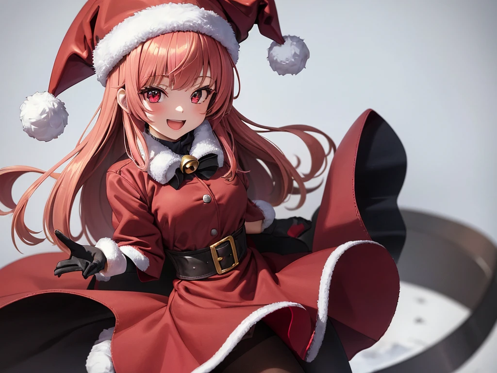 masterpiece,One girl, Serina,pink_hair, gloves, black_gloves, fur_trim, Have, Santa_Costumes, Christmas, Open_mouth, smile, Bell, alone, red_hat, pantyhose, white_background, pink_eye, Santa_Have, 