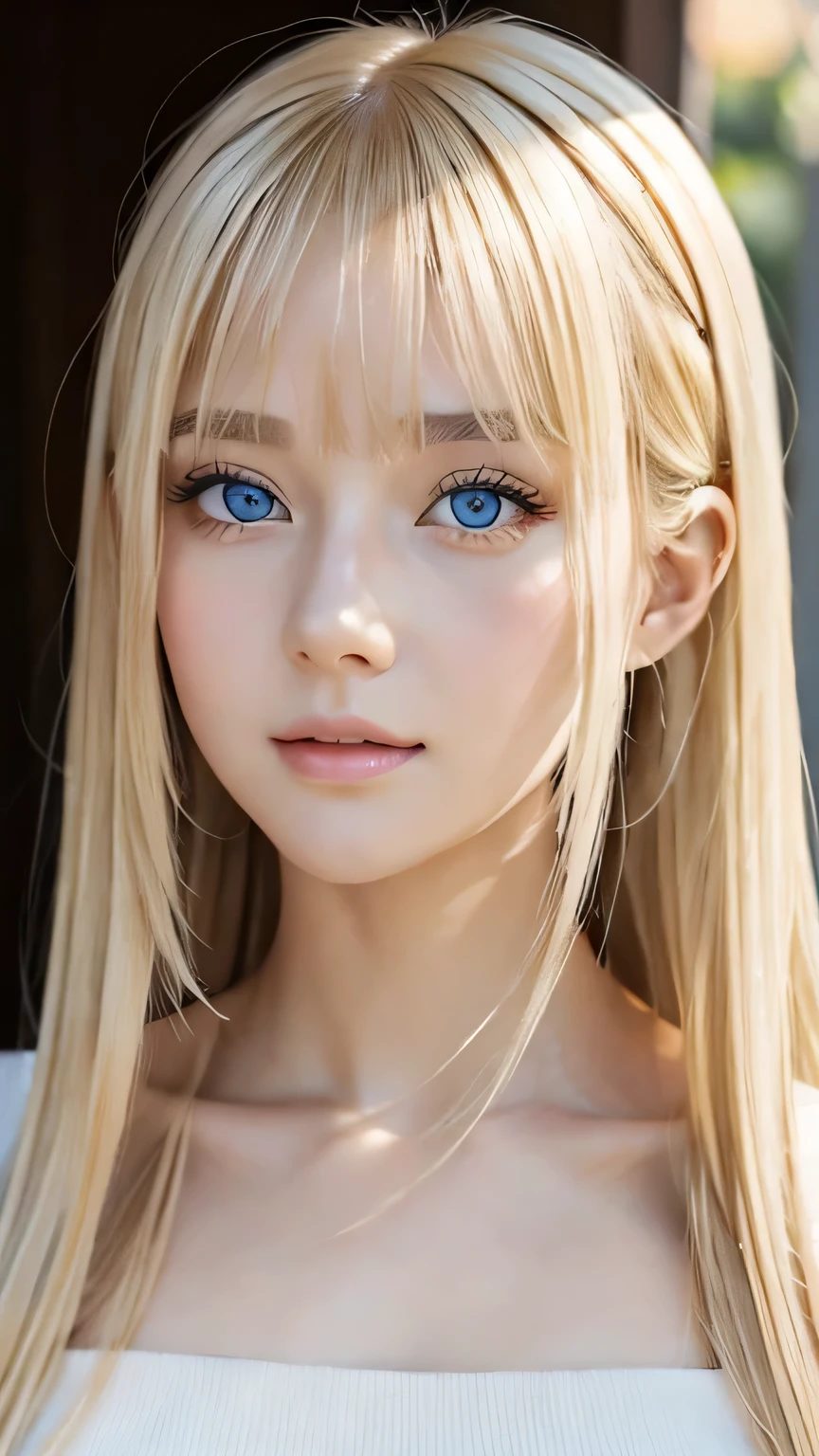 Highest quality、masterpiece、(Realistic:1.4)、One very beautiful blonde girl、Dazzlingly long, super long straight silky platinum blonde、Bangs between the eyes、bangs on the face、Big, very bright light blue eyes that shine so beautifully、Very big eyes、front、Detailed face、Beautiful Eyes、Very white and bright, beautiful skin、Small Face Beauty、 beautiful girl、Cheek gloss highlighter、Round face