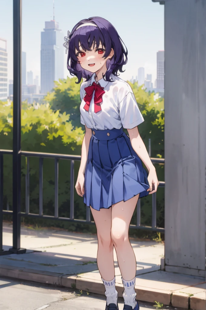 ,1girl, looking at viewer,
yamanobe tomo, purple hair, red eyes, medium hair,  , hairband,white shirts, short sleeves, blue skirt, high waist skirt,,, ,socks,standing,,outdoor,sweating,no bra