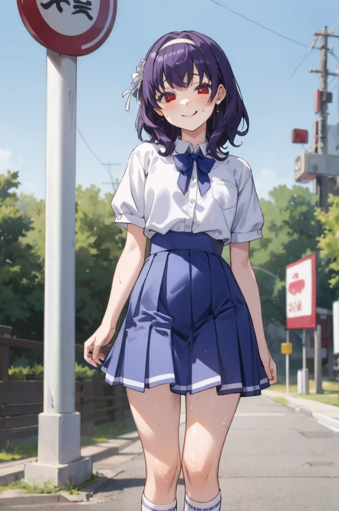 ,1girl, looking at viewer,
yamanobe tomo, purple hair, red eyes, medium hair,  , hairband,white shirts, short sleeves, blue skirt, high waist skirt,,, ,socks,standing,,outdoor,sweating,no bra