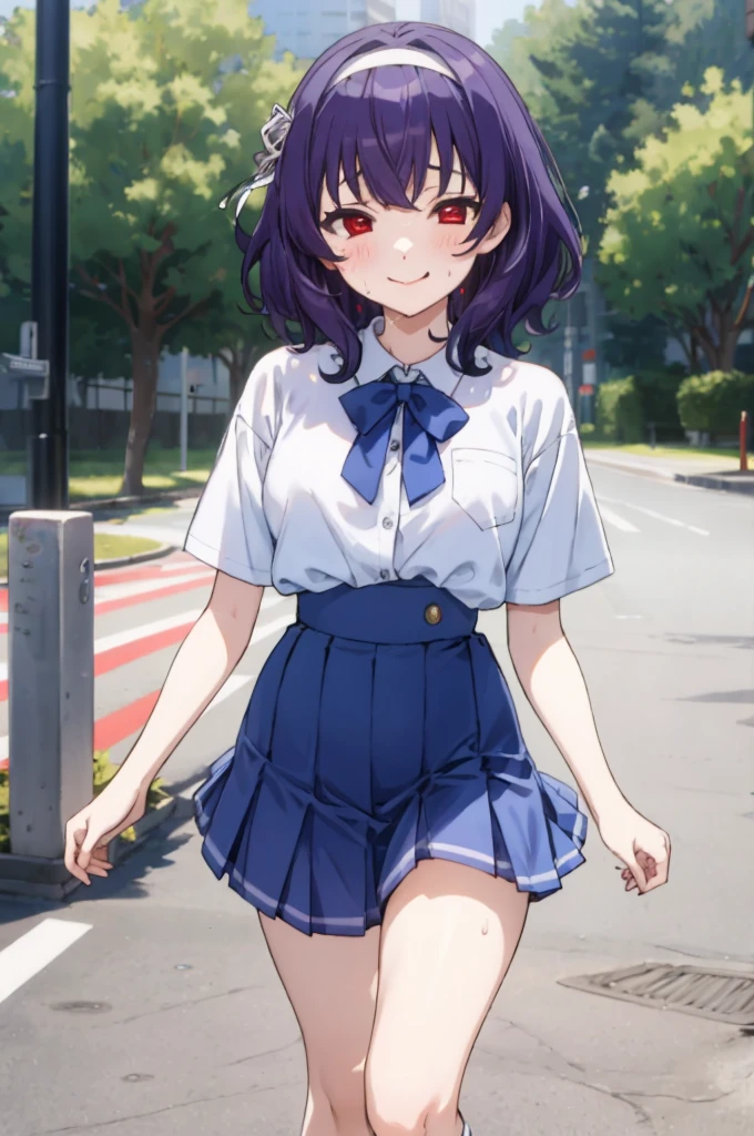 ,1girl, looking at viewer,
yamanobe tomo, purple hair, red eyes, medium hair,  , hairband,white shirts, short sleeves, blue skirt, high waist skirt,,, ,socks,standing,,outdoor,sweating,no bra