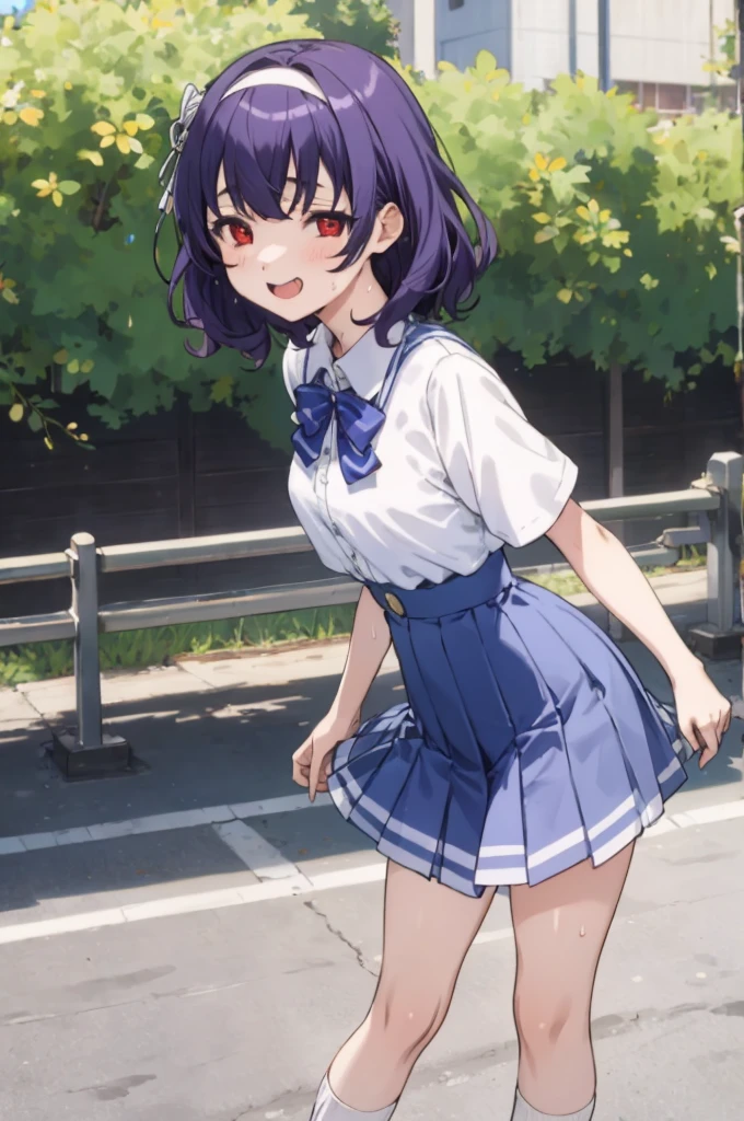 ,1girl, looking at viewer,
yamanobe tomo, purple hair, red eyes, medium hair,  , hairband,white shirts, short sleeves, blue skirt, high waist skirt,,, ,socks,standing,,outdoor,sweating,no bra