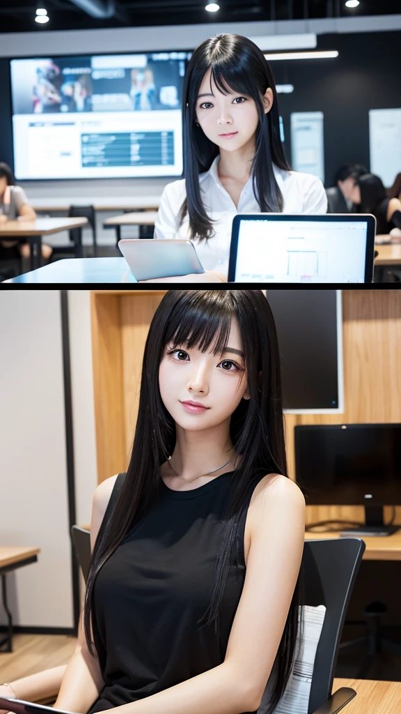 In a coworking space、Freelance designer working on a tablet。Surreal woman,Real life anime girls,Beautiful girls,Black Hair