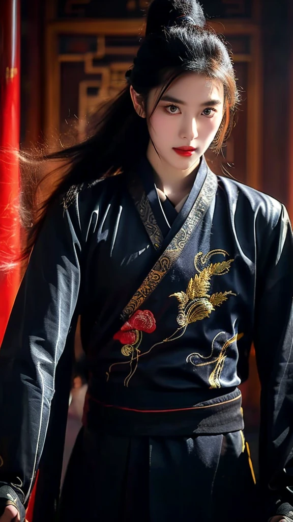 Wearing embroidered Chinese clothing,Dynamic Angle,view,Practical,Luminescence,
Xueer Embroidered Guard Uniform,1 Girl,Solitary focus,Holding a sword,have,Black Hair,Gloves,red Lips,Tassel background,Vague,Lips,Upper Body,Shut up,Long sleeve,
male focus,Solitary,Handsome_male,
