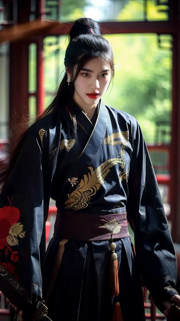 Wearing embroidered Chinese clothing,Dynamic Angle,view,Practical,Luminescence,
Xueer Embroidered Guard Uniform,1 Girl,Solitary focus,Holding a sword,have,Black Hair,Gloves,red Lips,Tassel background,Vague,Lips,Upper Body,Shut up,Long sleeve,
male focus,Solitary,Handsome_male,
