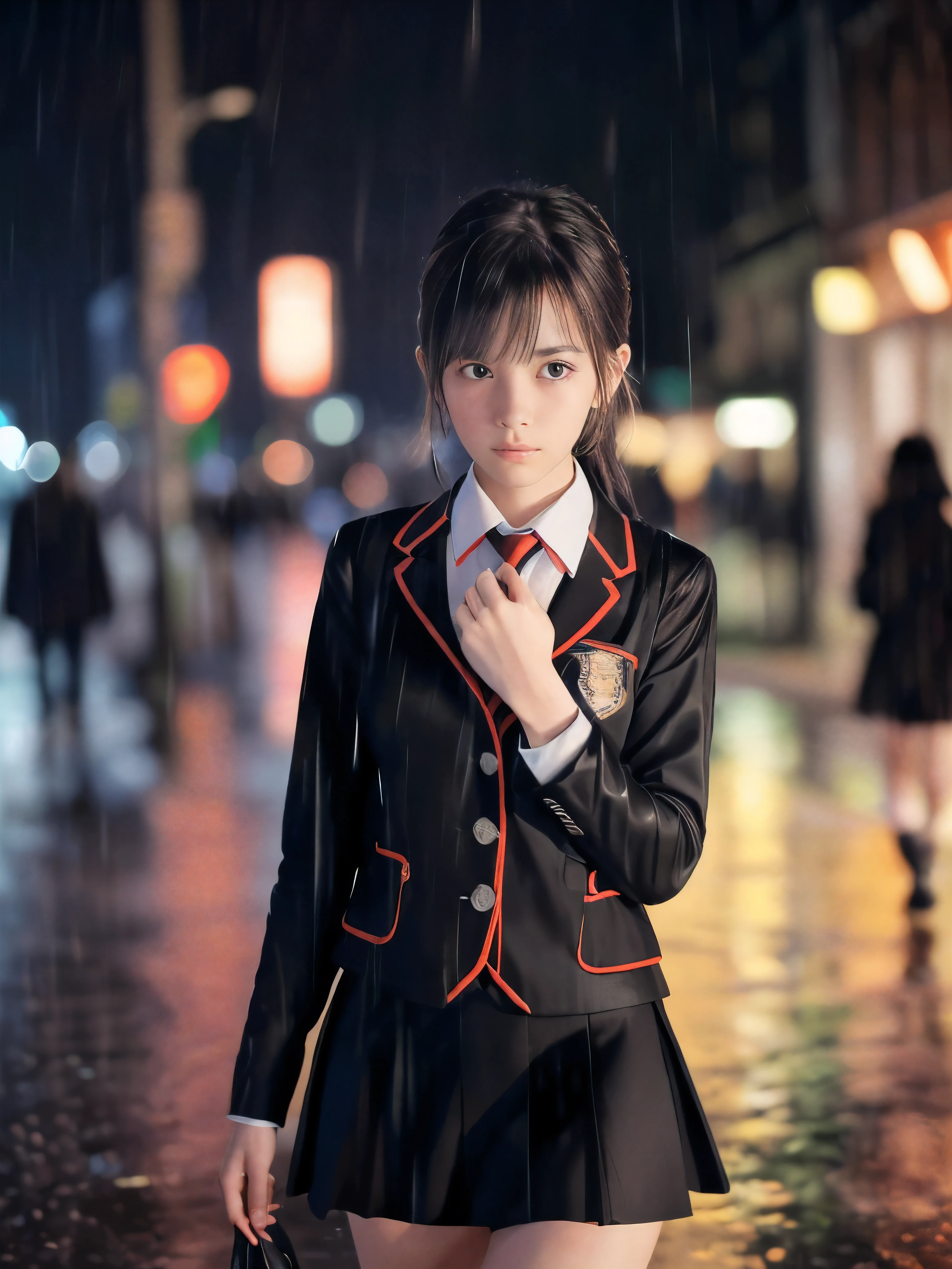 (Super close up face shot of one slender small breasts two side up black medium hair bangs girl in long sleeves black school uniform:1.5)、(One girl is walking with crying face on the main street in the rain at midnight:1.5)、(At skyscraper city landscape in heavy rain midnight:1.5)、(blurred background:1.5)、(8k ultra detailed master piece:1.5)、(Natural lighting:1.5)、(perfect anatomy:1.5)、(Photorealistic stick:1.5)、(Raw photo:1.3)、(highest quality:1.5)、(High resolution:1.3)、(Delicate and beautiful perfect face:1.3)、(Delicate and beautiful eye air skin:1.3)、(Real Human Skin:1.3)、((thin legs))