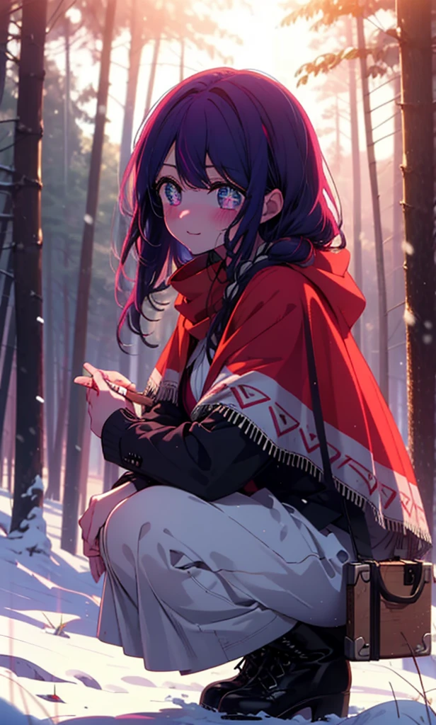 aihoshino, Ai Hoshino, Long Hair, bangs, (Purple eyes:1.1), Purple Hair, (Symbol-shaped pupil:1.5), smile,,smile,blush,White Breath,
Open your mouth,snow,Ground bonfire, Outdoor, boots, snowing, From the side, wood, suitcase, Cape, Blurred, , forest, White handbag, nature, Squat, Mouth closed, Cape, winter, Written boundary depth, Black shoes, red Cape break looking at viewer, Upper Body, whole body, break Outdoor, forest, nature, break (masterpiece:1.2), Highest quality, High resolution, unity 8k wallpaper, (shape:0.8), (Beautiful and beautiful eyes:1.6), Highly detailed face, Perfect lighting, Highly detailed CG, (Perfect hands, Perfect Anatomy),