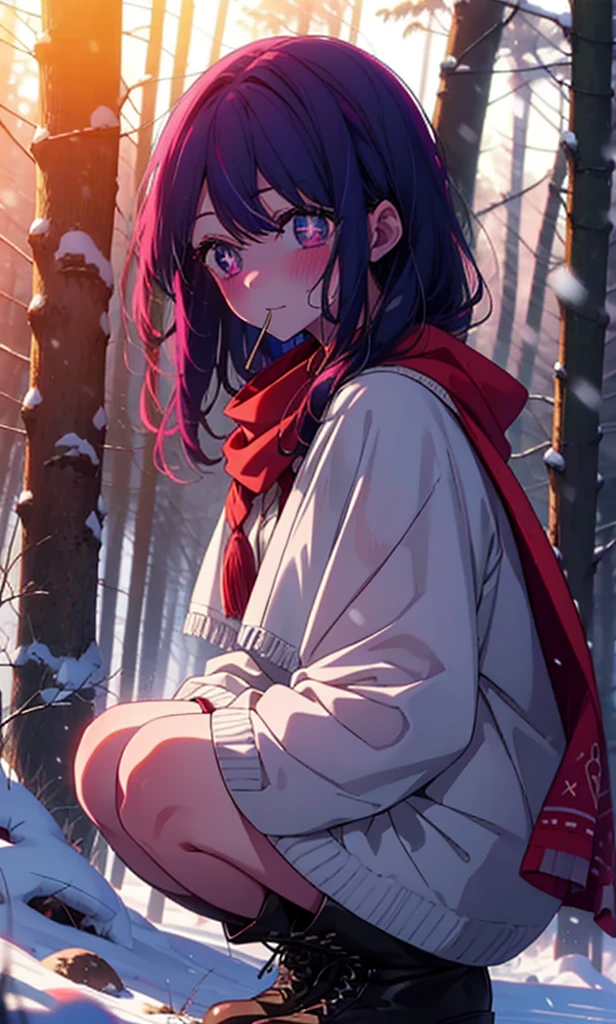 aihoshino, Ai Hoshino, Long Hair, bangs, (Purple eyes:1.1), Purple Hair, (Symbol-shaped pupil:1.5), smile,,smile,blush,White Breath,
Open your mouth,snow,Ground bonfire, Outdoor, boots, snowing, From the side, wood, suitcase, Cape, Blurred, , forest, White handbag, nature, Squat, Mouth closed, Cape, winter, Written boundary depth, Black shoes, red Cape break looking at viewer, Upper Body, whole body, break Outdoor, forest, nature, break (masterpiece:1.2), Highest quality, High resolution, unity 8k wallpaper, (shape:0.8), (Beautiful and beautiful eyes:1.6), Highly detailed face, Perfect lighting, Highly detailed CG, (Perfect hands, Perfect Anatomy),