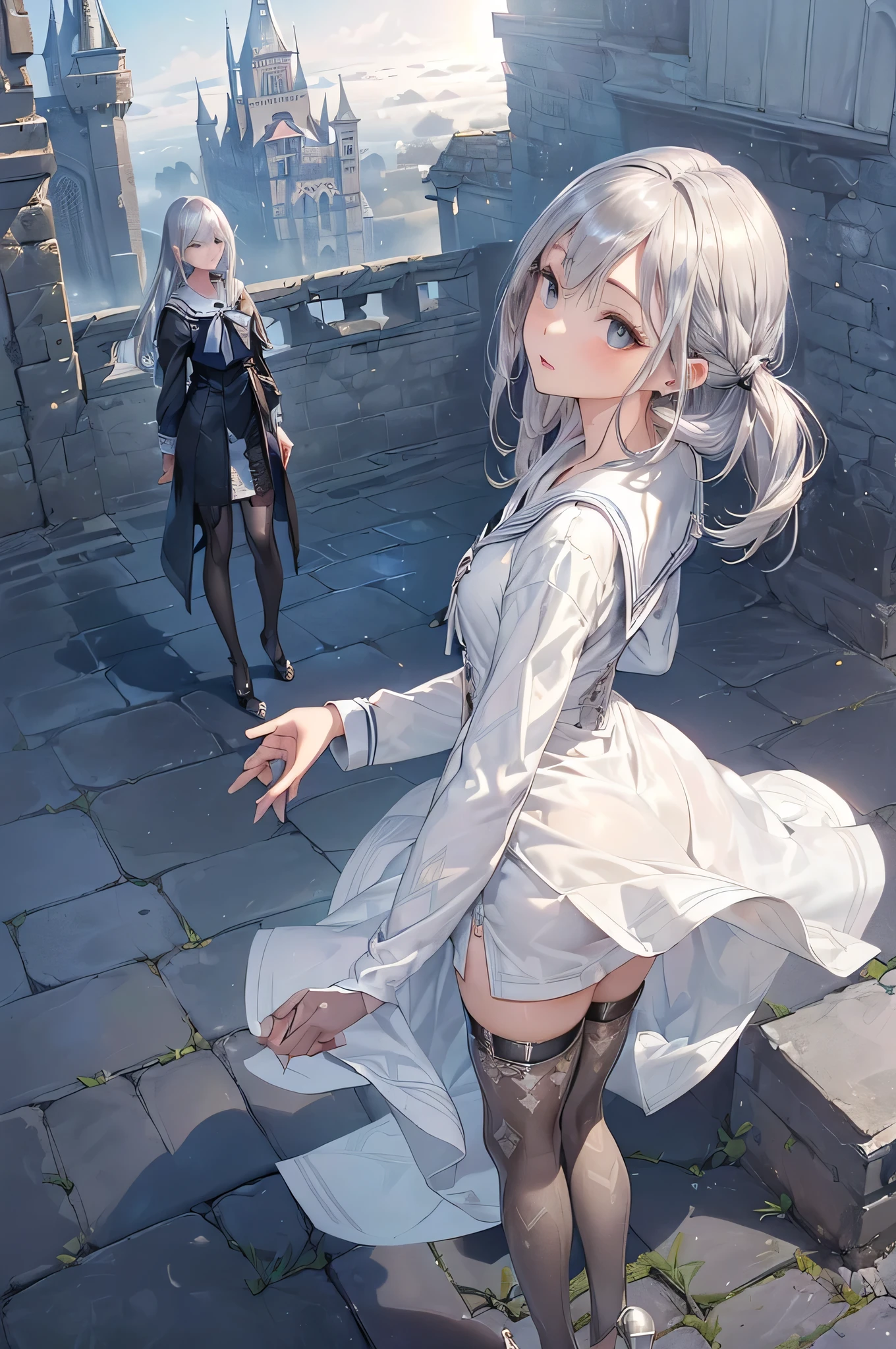 ((Biologically correct limb count))、(( From head to toe、Full-body photo including face))、4K、((Standing position))、masterpiece、((Focus on the face))、((Symmetrical facial features))、Eyes with detailed description、Beautiful woman、Great style、Beautiful arms、Beautiful legs、Beautiful Hands、(Small Ass、Thin thighs)、Facial detailing、Small earrings、necklace、(Sailor suit、((High heels、Patterned stockings)))、((Standing in front of an old castle in the daytime sun, looking up))、Silk gloves、(((Silver Hair)))、(Thick fog)、Realistic photo