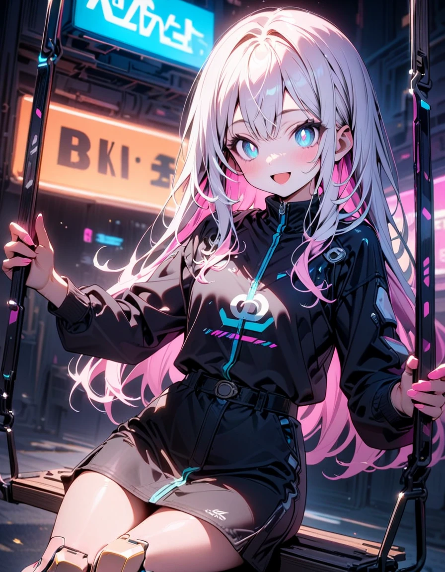 (8K, best quality, master piece: 1.2),super high resolution,(1 robogirl),solo,16yo,ultra-detailed face,detailed eyes,bright pupils,gradient hair(white hair, light pink hair) ,Straight hair,long hair,smile,open mouth,sitting on a swing blowing,ダッチアングル,neon lights,High-Tech Parks