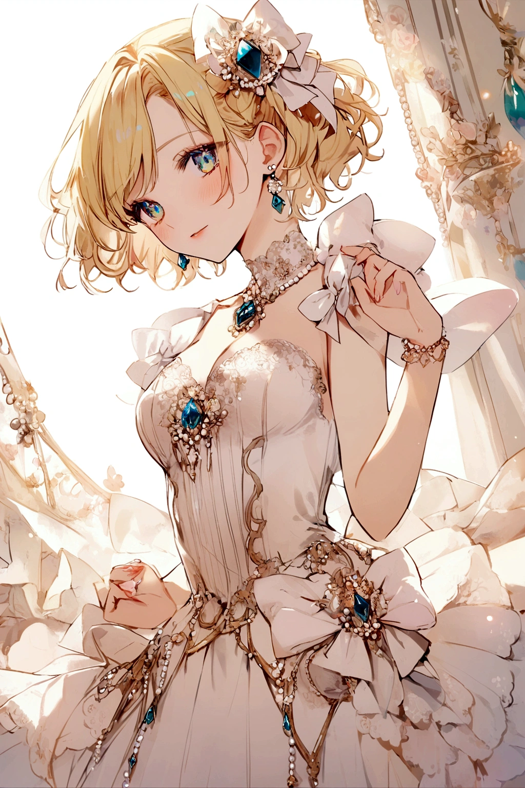 Girl with blonde short hair, saphire gem eyes, pearl earrings, dress with bows