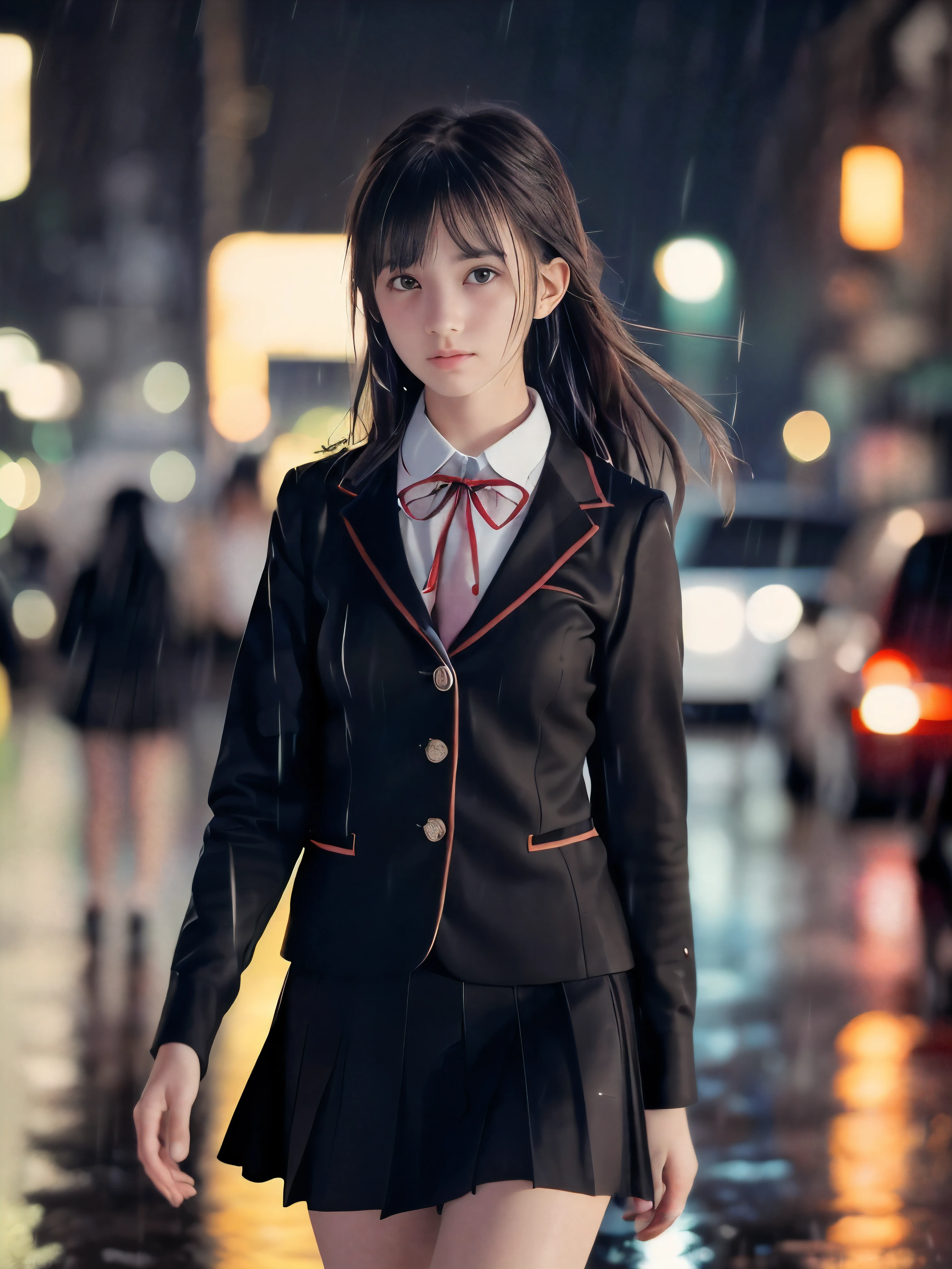 (Super close up face shot of one slender small breasts two side up black medium hair bangs girl in long sleeves black school uniform:1.5)、(One girl is walking with crying face on the main street in the rain at midnight:1.5)、(At skyscraper city landscape in heavy rain midnight:1.5)、(blurred background:1.5)、(8k ultra detailed master piece:1.5)、(Natural lighting:1.5)、(perfect anatomy:1.5)、(Photorealistic stick:1.5)、(Raw photo:1.3)、(highest quality:1.5)、(High resolution:1.3)、(Delicate and beautiful perfect face:1.3)、(Delicate and beautiful eye air skin:1.3)、(Real Human Skin:1.3)、((thin legs))