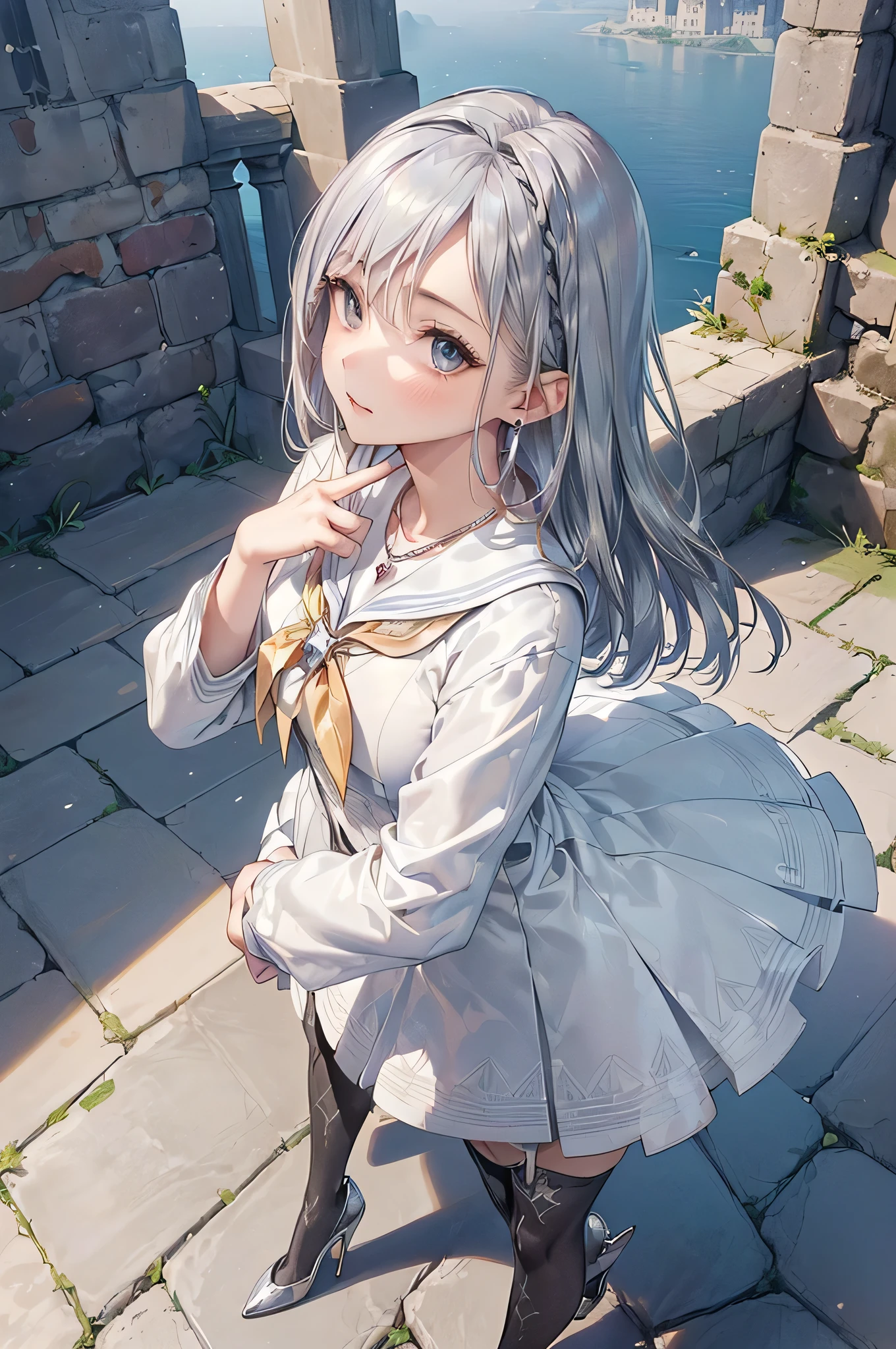 ((Biologically correct limb count))、(( From head to toe、Full-body photo including face))、4K、((Standing position))、masterpiece、((Focus on the face))、((Symmetrical facial features))、Eyes with detailed description、Beautiful woman、Great style、Beautiful arms、Beautiful legs、Beautiful Hands、(Small Ass、Thin thighs）、Facial detailing、Small earrings、necklace、(Sailor suit、((High heels、Patterned stockings))）、((Standing in front of an old castle in the daytime sun, looking up))、Silk gloves、(((Silver Hair)))、(Thick fog)、Realistic photo