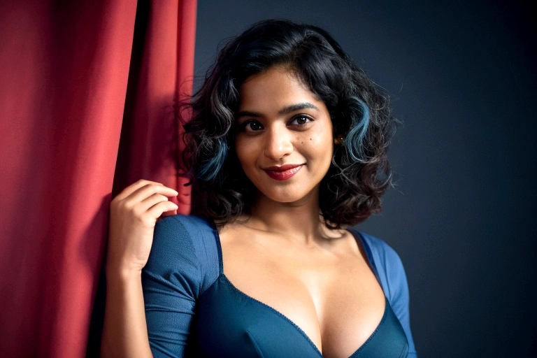 Mallu, curly hair,   in skirt, indian curvy figure woman in bra and panty , city life, richest woman, (Kerala, mallu), indian, editorial photograph of a 30 year old woman), (highly detailed face:1.4) (smile:0.7) (background inside dark, moody, private study:1.3) POV, by lee jeffries, nikon d850, film stock photograph ,4 kodak portra 400 ,camera f1.6 lens ,rich colors, hyper realistic ,lifelike texture, dramatic lighting , cinestill 800, wavy hair, messy hair, short hair, mischievous smile, blue hair, freckles, white skin, blue eyes, bodybuilder, thelema, scarlet woman, greek goddess, goddess of night, goddess of magic, astral plane, witchcraft, babalon, Lilith, Pombagira, red full moon, blue jacket